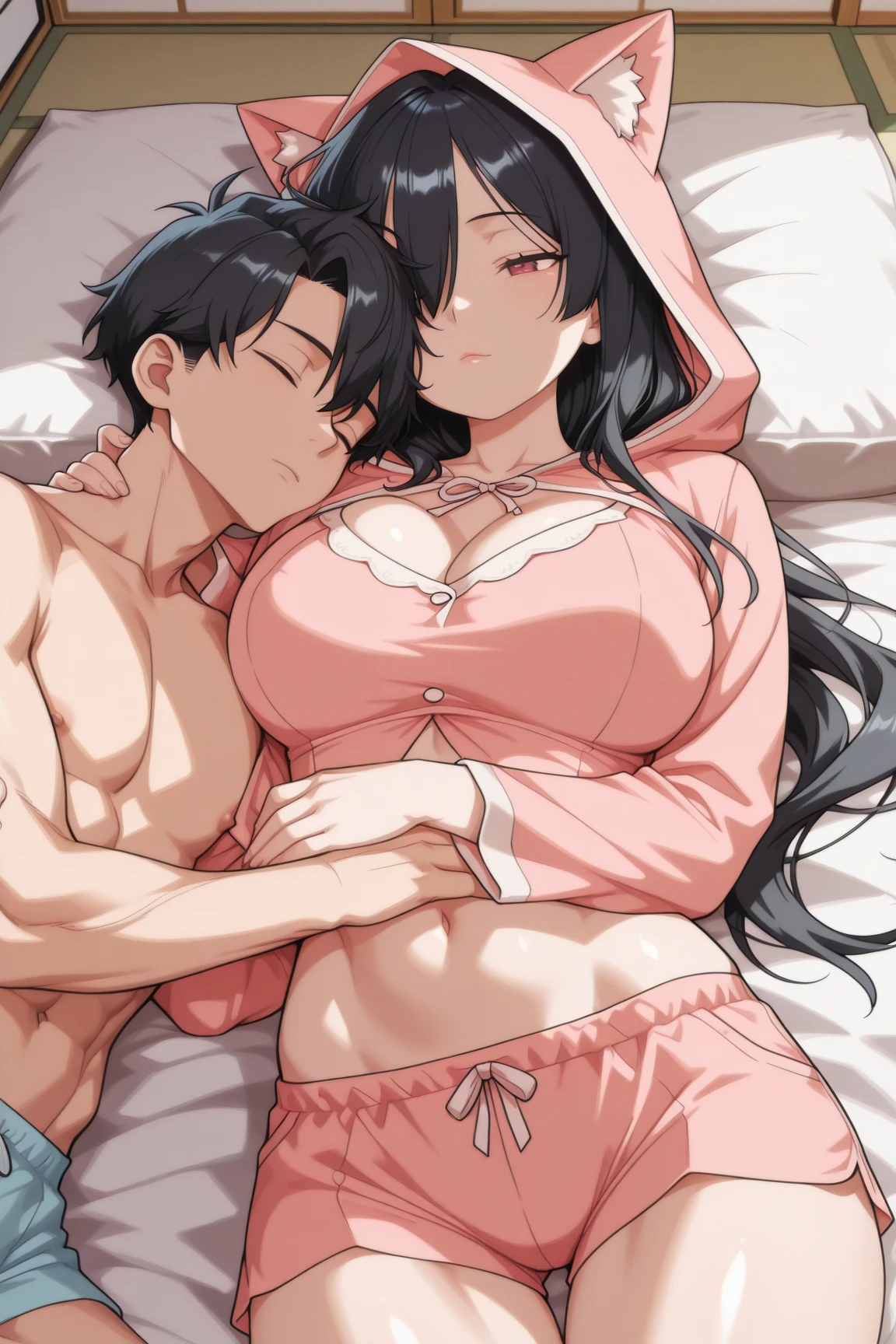 a naked girl and a naked man are lying with a blanket, and a  with a teddy bear in her hand in anime style is standing next to her and looking at it
