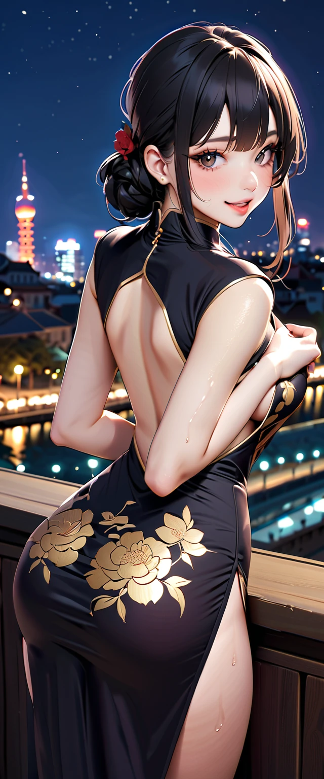 woman,20-year-old,city,(((See-through rubber Chinese dress))),,open mouth smile(()),blush、,((turn around and look back))(wet with water)Reflecting the buttocks,glasses