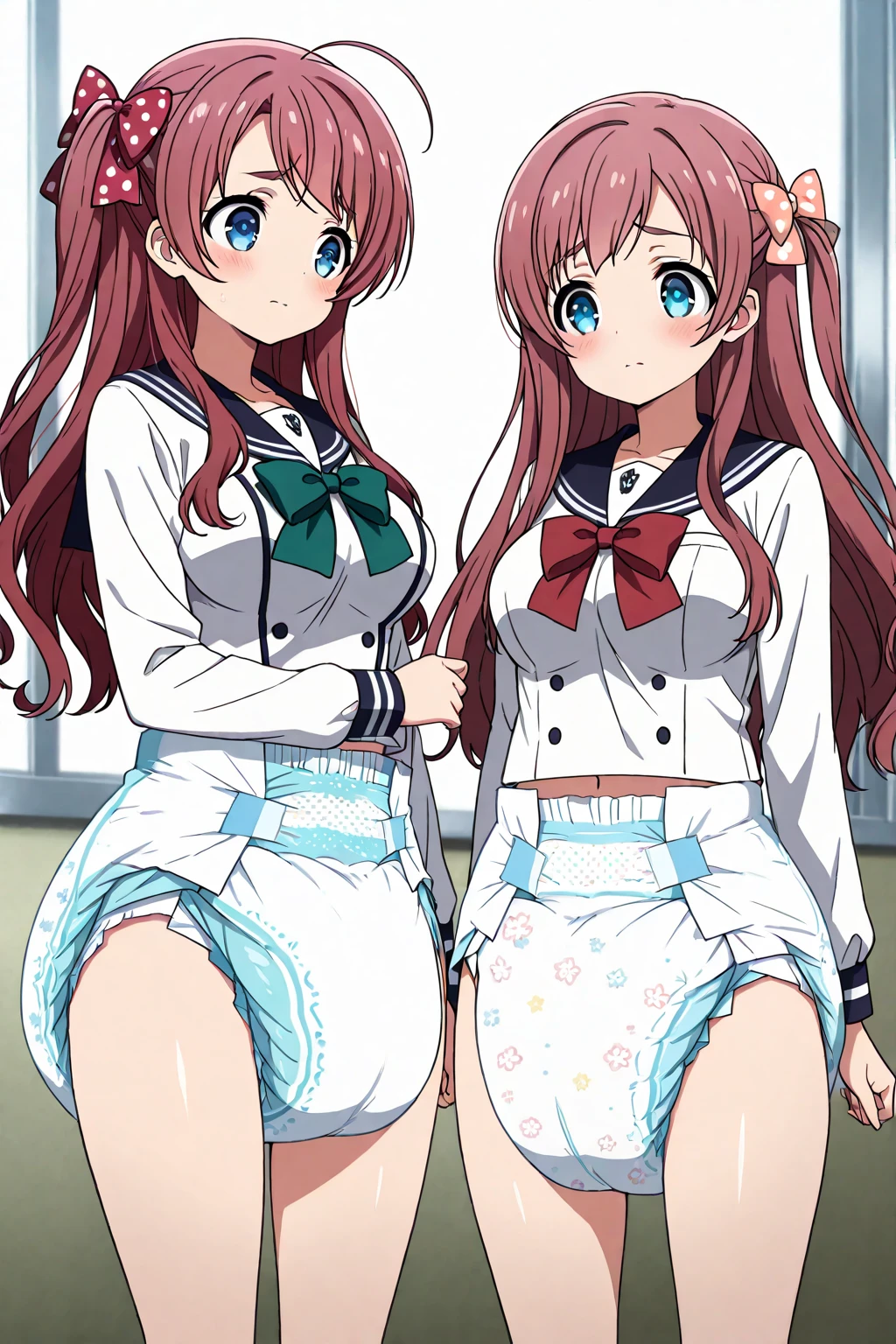 highest quality、High resolution、detailed background、cute teen girl、(two women:1.5)、brown hair、short hair、cute hairstyle、huge breasts:1.2、brightly colored sailor suit、navy pleated mini skirt、white overknee socks、Floral embroidered panties、floral embroidered bra、school zone、looks fun、Laugh playfully、smile、sexual expression、panty shot、camel toe