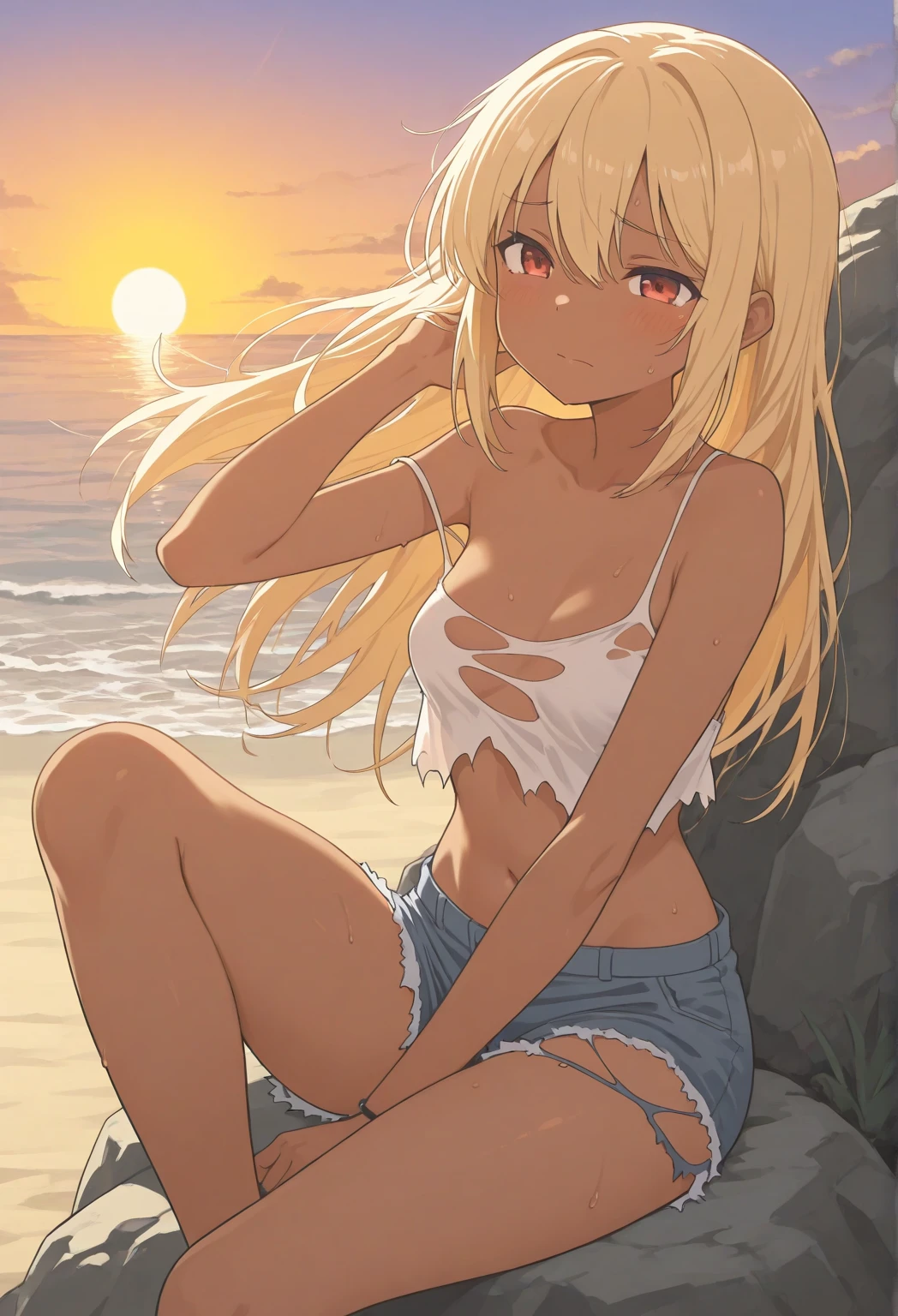 (8K、Highest quality、Highest quality、masterpiece)、Detailed face、One Girl、Spread legs、Spread Legs、(Brown Skin:1.2)、Long Hair、Blue Eyes、Sweat、Grin、(White tank top、Denim hot shorts、Mini Shorts、Cameltoe)、Cameltoe、Beach、cloud、pussy line、between labia, partially visible vulva
belly button、Big Breasts、