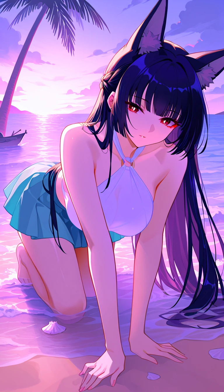 Stunning Chitanda, There is only one beautiful girl,purple eyes, black hair, Naturally straight hair, straight bangs, flowers on hair,extremely refined,adult face,lips open,flowing long hair,Peerless beautiful girl, dreamlike,Slim,soft, (Sensual), (kawaii), Dream quality,The whole body is under the sea,strong sunlight,summer,nothing to wear,lower your head,extremely shy,Hands are not exposed,covered with water drops,no pants,There are no shoulder straps,camel toe,no underwear,side breasts,showing areola,Bare thighs,bare shoulders,Clavicle exposed,bare neck,groin,barefoot,bare breasts,ultra high resolution, (masterpiece:1.2, best quality), (Exquisite and beautiful eyes: 1.2), (Beautiful and delicate face)