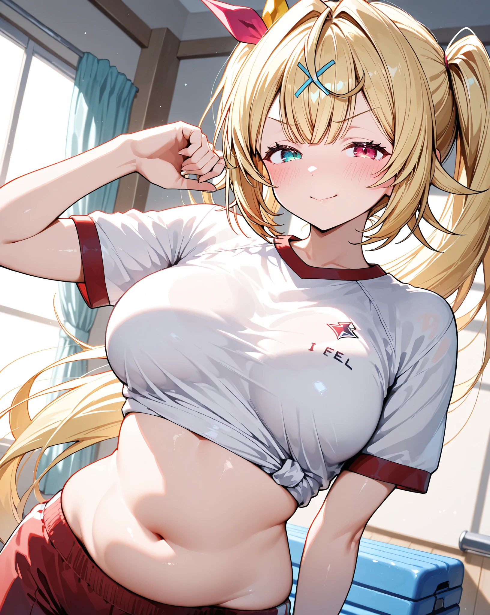 best quality, masterpiece, highres, solo, {nero_claudius_fgo:1.15}, blonde_hair, ahoge, green_eyes, hair_intakes, breasts, bangs, smile, large_breasts, blush, cleavage, braid, hair_between_eyes, long_hair, 1girl, gym_shirt, gym_uniform, hair_bun, headband, official_alternate_costume, red_headband, shirt, single_hair_bun, sky, white_shirt, blue_sky, french_braid, name_tag, open_mouth, short_sleeves, sweat, buruma, day, looking_at_viewer, outdoors, petals, red_buruma, sidelocks, short_hair