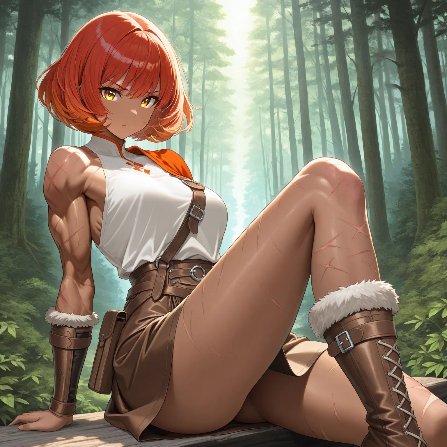 ((Masterpiece:1.3)), ((Best quality:1.4)), nous, Maintenant, grosse poitrine,bottes blanches, pantalon,manteau, Musclegirl, marche, sourire, cheveux longs, Contexte forestier, Ouest, portrait, Fuuma Kotaro, Tenkaichi, Tall, muscular woman, orange Scarlet hair, veines sur les muscles
