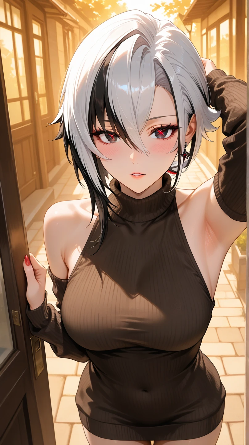 BLACKLIGHT, ((NSFW)), ((Small Boobs)), realistic art, extremely delicate and beautiful, ultra-detailed, (1girl), ((Red eyes)), floating, detailed light, illustration, dynamic angle, depth of field, ((((milf)))), girly, ((Red and White hair, multicoloured hair, Red highlights hair, (Ponytail), hair ornament, hair flower, flower, makeup, braid, smile)), demon eyes, fangs, pale white skin, (((best quality, 1girl, (skindentation), (blur background:0.6), (casual yet stylish, ((Demon Horns)), ), gorgeous, (short hair:1.5), soft lighting, wind, (front light:1.5), surprised, choker, smile, jewelry, earrings))), (ultra high res, best quality,), (8k, raw photo, best quality, masterpiece), technological sense, best quality, masterpiece, illustration,CG ,unity ,wallpaper, official art, Amazing, finely detail, an extremely delicate and beautiful,extremely detailed, highly detailed, sharp focus,rich background, (real person,photograph), ((high detailed skin)), ((( , (crazy eyes:1.3), (wide-eyed:1.2), (glowing eyes), (Demon) ))), (((a close up of a person with a weird face and nails, gothic maiden anime girl, gothic - cyberpunk, cyberpunk horror style, gothic art style, detailed digital anime art, gothic art, demon anime girl, gothic girl face, anime style 4 k, dark art style, anime cyberpunk art, gothic aesthetic, 1 7 - year - old anime goth girl, gothic horror vibes)))