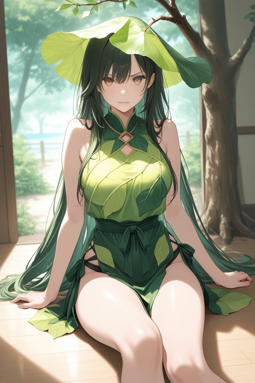 una mujer joven, hermosa, cabello largo liso con cola de caballo, cabello rubio, ojos de color verde esmeralda, piel blanca, rostro detallado, Elf Curvilinear Body, small breasts, caderas anchas y muslos gruesos, orejas largas, vestido chino verde con patrones amarillos, ajustado, escote, erotic.