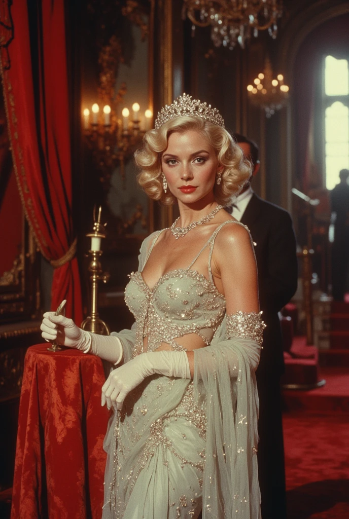 full body shot, film still of 3 gothic woman with lipliner, Slicked Back medium length blond hair, square face, blue eyes, deep black eyeliner, intricate diamond choker, 1980s Balenciaga white dress with diamond sparkles, blue belt, white marble hall in the background, Analog style, vhs style, 8mm film, high fashion style, chromatic aberration, 1980s style., the lady is walking a giant white tiger on a diamond leash