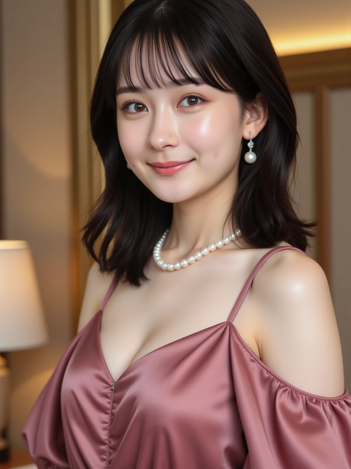 (30 year old woman, nude, showing breast, no bra), (surreal), (High resolution), ((beautiful hairstyle 46)), ((medium hair:1.46)), (gentle smile), (big breasted:1.8), (lipstick), ((NSFW, Top quality, chinese, portraits, masterpieces, 8K wallpapers:1.3)), perfect body, small hips, beautiful face, delicate eyes, big-rounded breasts ((black hair, medium short hair, showing pink small nipples, no underwear 1.8))