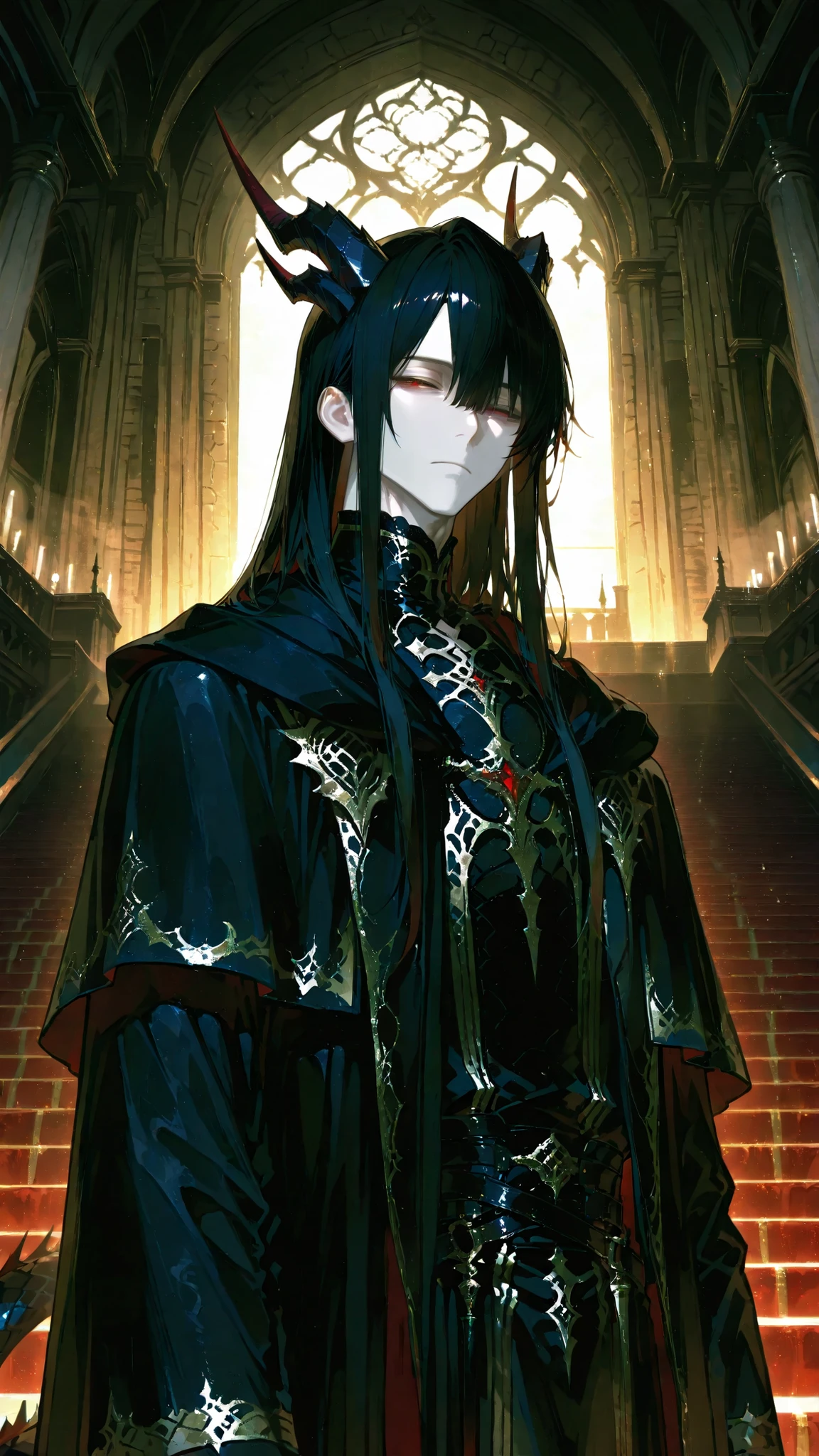 Refined Realistic Style(0.8), Master Level,Extreme Details,Professional Post Treatment,Masterpiece,anime style(1.2),best quality,high resolution,8K, evening, dark castle, 1boy,Mature Male, solo, (otokonoko), kemonomimi, pale skin, long black hair, Double Facing Hair, Side bangs, red eyes, torn pupils , Black Dragon Horn, Black dragon tail, fantasy长袍, 中世纪的fantasy, Black robe, cloak, Long coat, Dark Clothes, Gothic, fantasy, watching the audience, Short, slender , bishounen, is handsome, hollow eyes,half-closed eyes, face focus