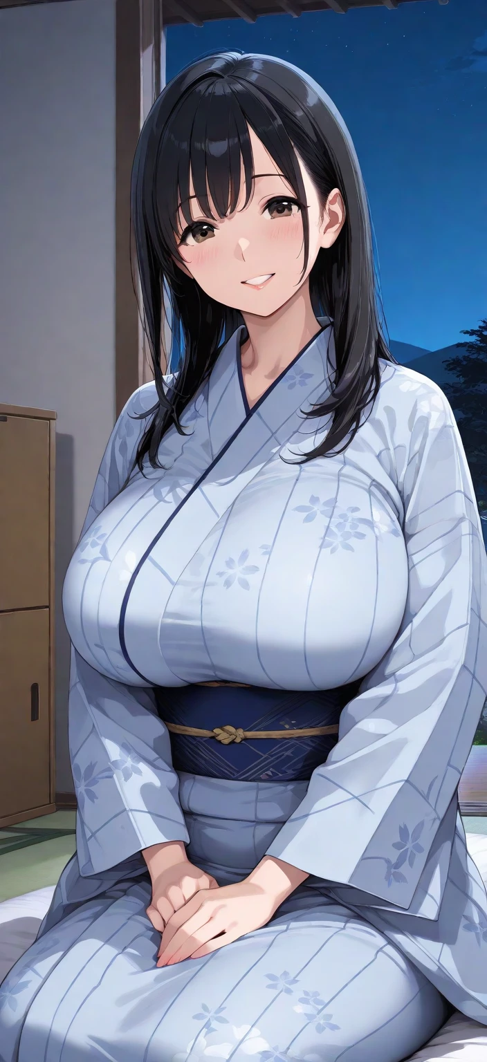 masterpiece, best quality, extremely detailed, 1girl, gyaru, solo, chiyome, (huge breasts:1.4), (((black hair, very long hair, parted bangs blue eyes, slit pupils, animal ear fluff))), parted lips, (((collarbone, blue kimono, snowflakes print, black gloves))), ((light smile), closed mouth), ((hands on own hips, china town, winter, snowing)), parody