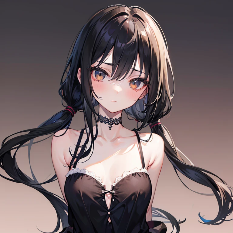 No background、Background white、From above、Arms crossed、G Cup、Black camisole、Brown Hair