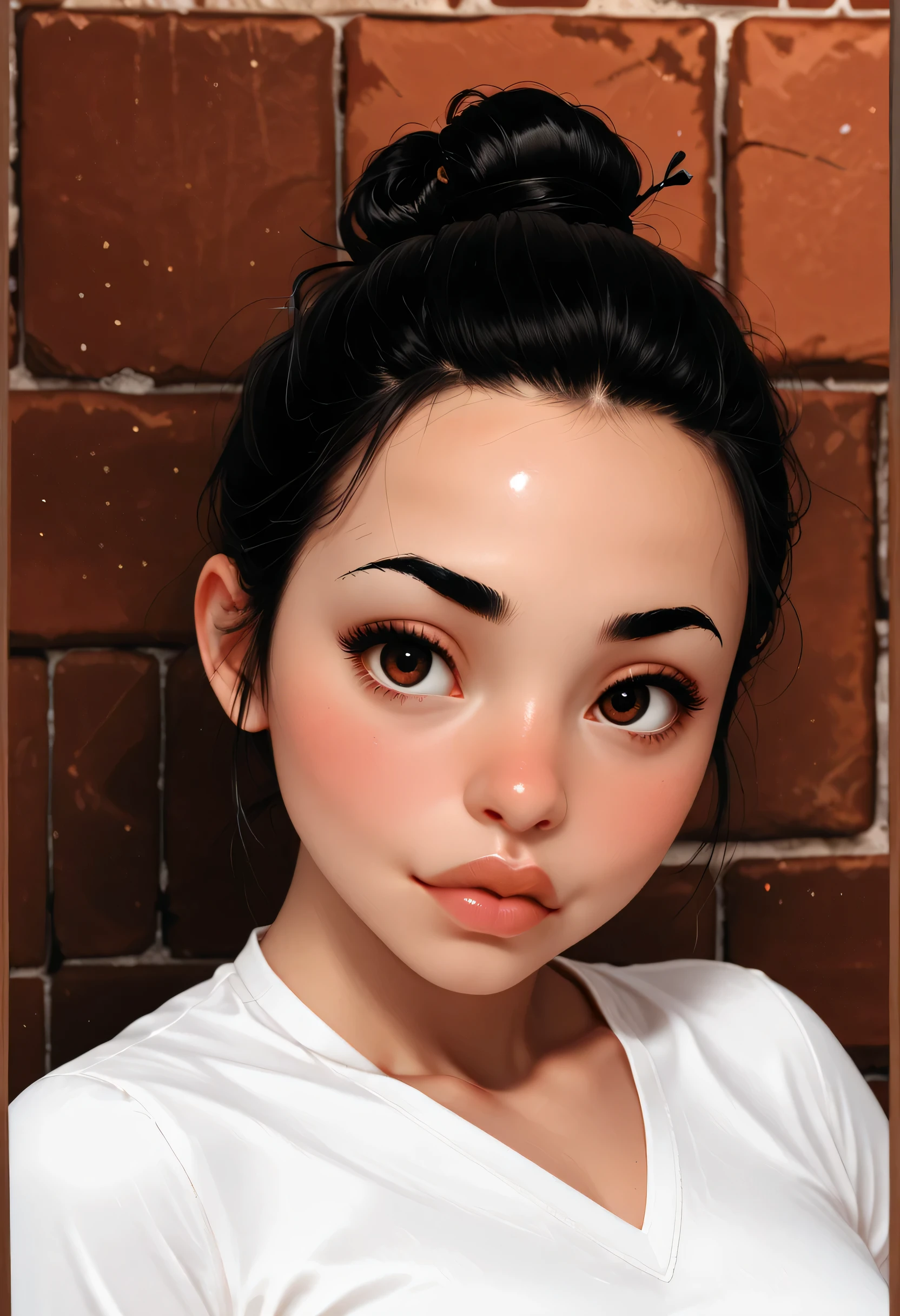 old brick wall, ((perfect face)), top knot hair, black hair, (forehead), black eyebrows, (thin eyebrows), brown eyes, nose, (thick lips), ((female beautiful)), v-neck shirt, white shirt
