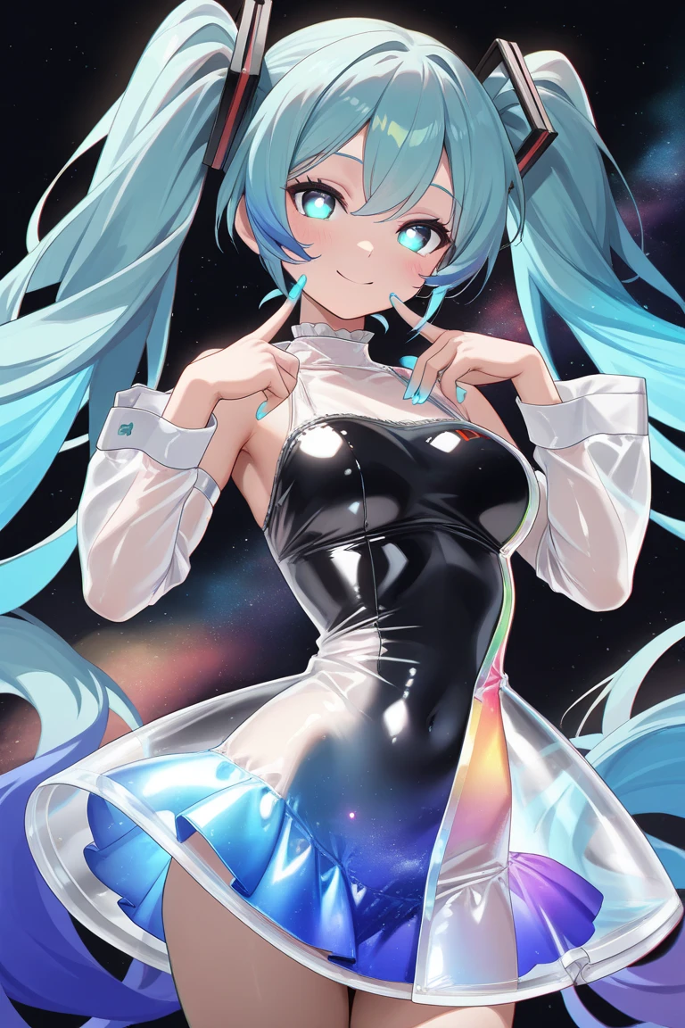(Photorealistic:1.4)、(16-year-old:1.5),(masterpiece、lens flare、Exquisite beautiful eye:1.5,portlate:1.5),(),(kind eyes、tareme:1.9),(Close-up of face,face focus1.7)、(looking up at viewer),(from above:1.2)、Cute Face、 3D Face、(aqua hair:1.5)、(long  hair,:1.2),(sidelock :1.3),(blunt bangs:1.3),(1  lgirl)、(aqua eyes:1.2)、(cowboy shot:1.5)、、(smile:1.2)、(Fishnet tights:1.3).(),(head tilt) ,(),(flat chest),(),(hologram strapless leotard :1.5),(art background:1.5)、(Detail)、(Reflection:1.5)、Slim Body(),Shiny Hair、laser、
leishe