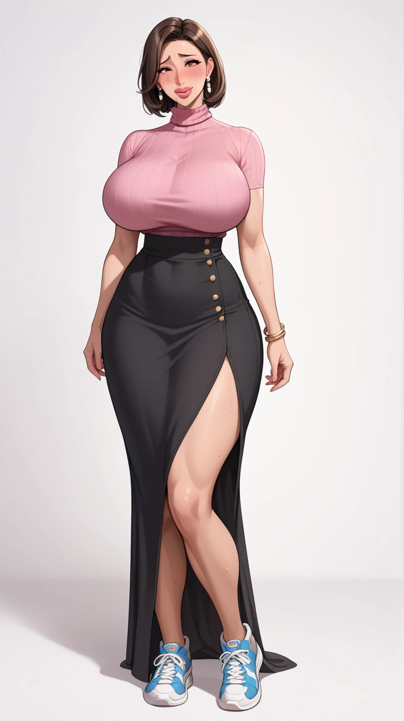 full body, barefoot, solo, female, big breast ,linen tunic, fantasy village, armor, handcuffs on their hands with a collar around the neck, hands on hips, slave ((black choker, shackles on legs and arms))
