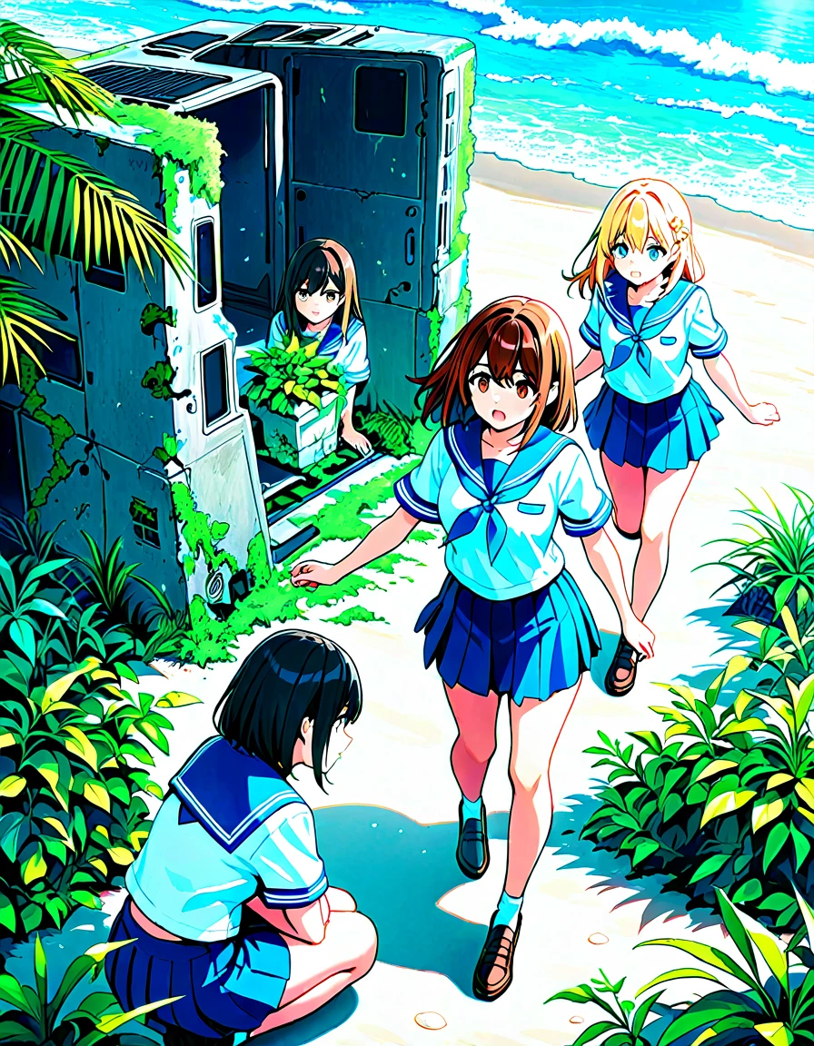 masterpiece, best quality, chitanda_eru, long_hair, closed mouth, looking at viewer, (bikini style:1.8), smile, solo, upper body, beach, blue sky, ocean, lens flare abuse