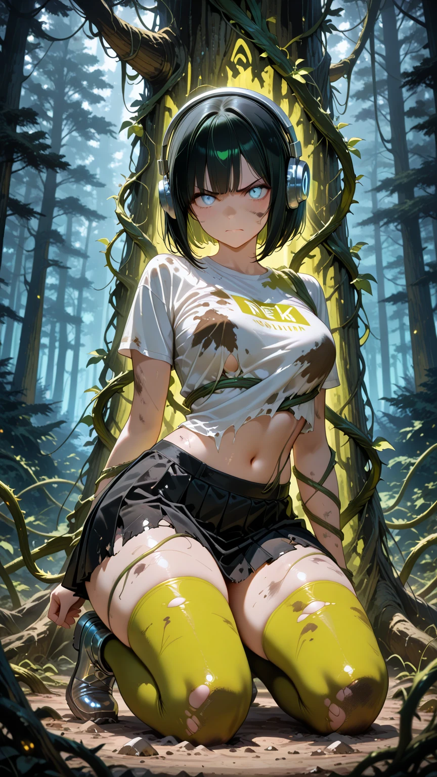 girl, 17 years old, ligh green hair, short haircut, purple eyes, short overalls,, half naked, sexy outfit, sensual, in dark forest, holding chainsaw, Looking at viewer, sinister sensual smiling, stepping out of clothes