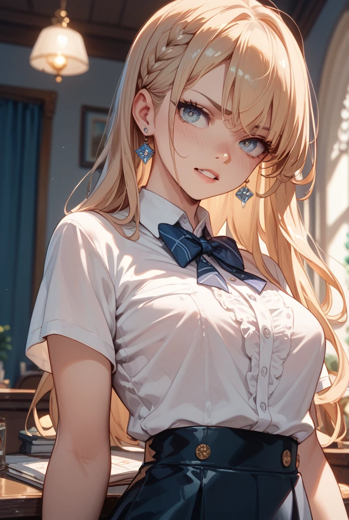 (masterpiece, best quality, ultra-detailed, high resolution, detailed eyes), takeda hiromitsu style, 1girl(17 years old), (school uniform, short sleeve shirt), (long blonde hair), solo, tanned skin, tsurime, (furious:0.8), large breasts, slender body, looking at viewer, pov, cowboy shot, arms behind back, sitting, school, (bondage)