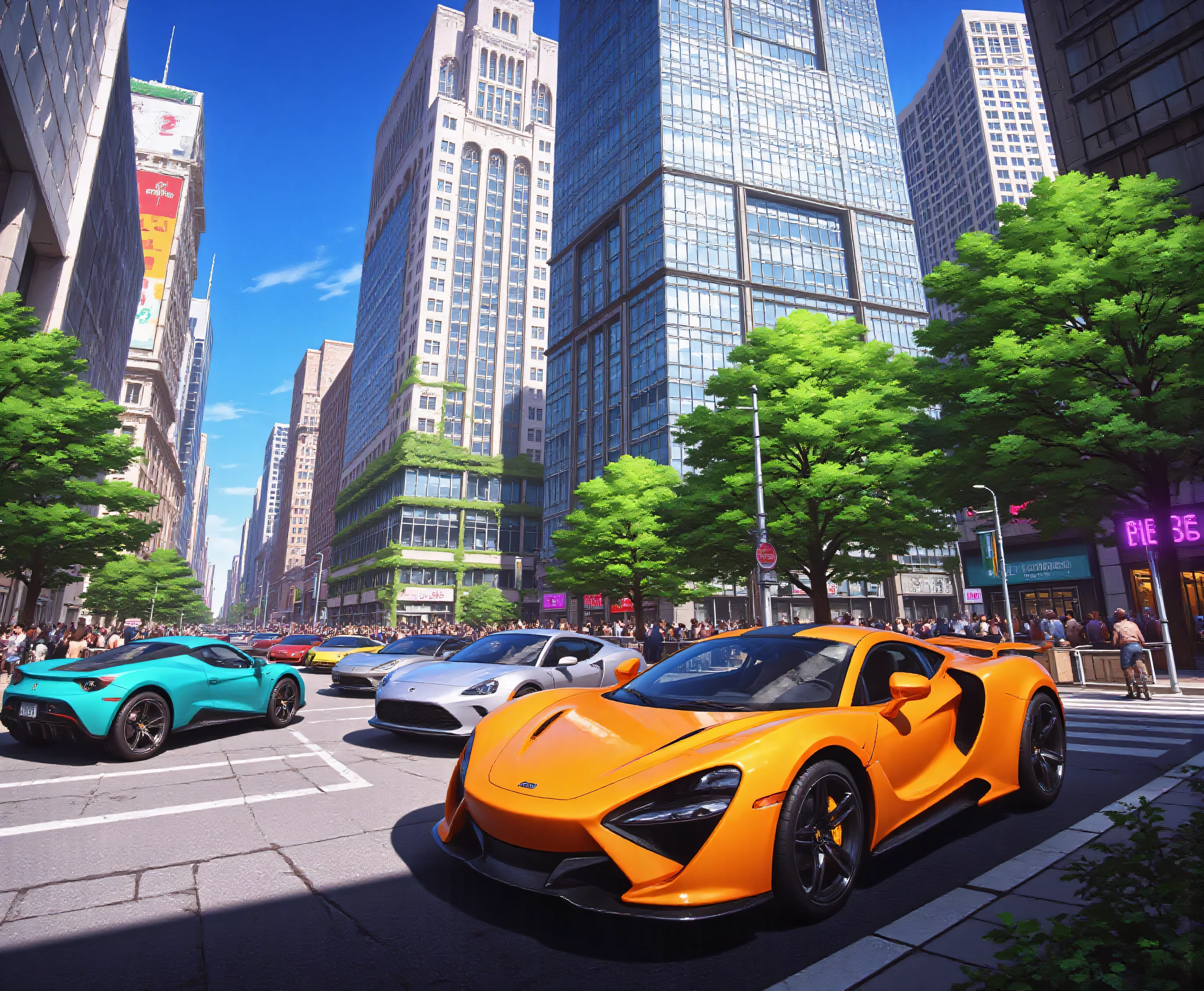modern urban cityscape,Street of sports cars,tall buildings