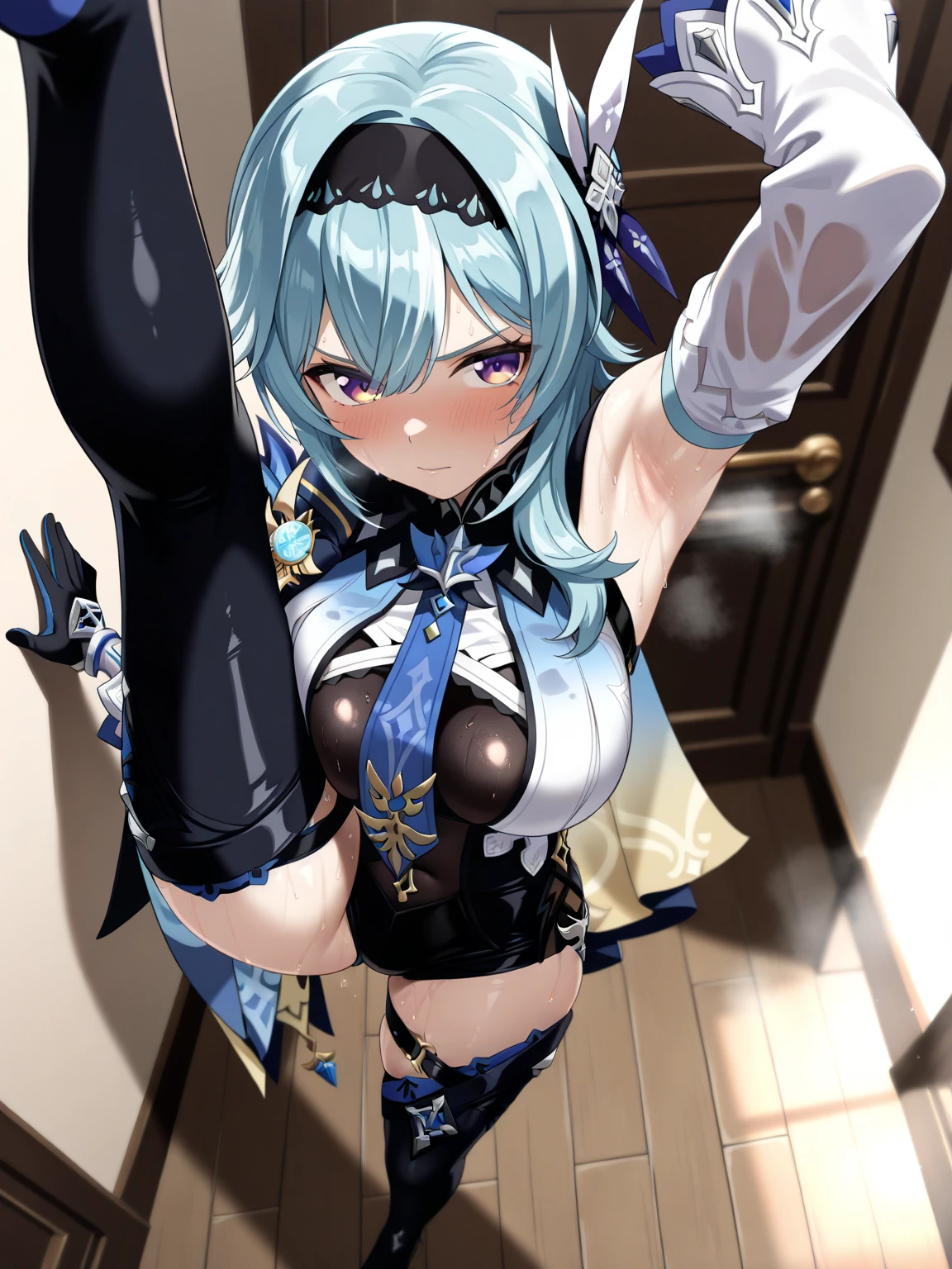 Jellyfish hairstyle,bishoujo, idol, short hair, white hair, silver hair, platinum blonde hair, ahoge, blunt bangs, disheveled hair, breasts, huge breasts, thong, sexy lingerie, spread legs, huge_ass, spread_ass, partially unbuttoned, show foot, pubic tattoo on underbelly, masterpiece, best quality, masterpiece,best quality,official art,extremely detailed CG unity 8k wallpaper,