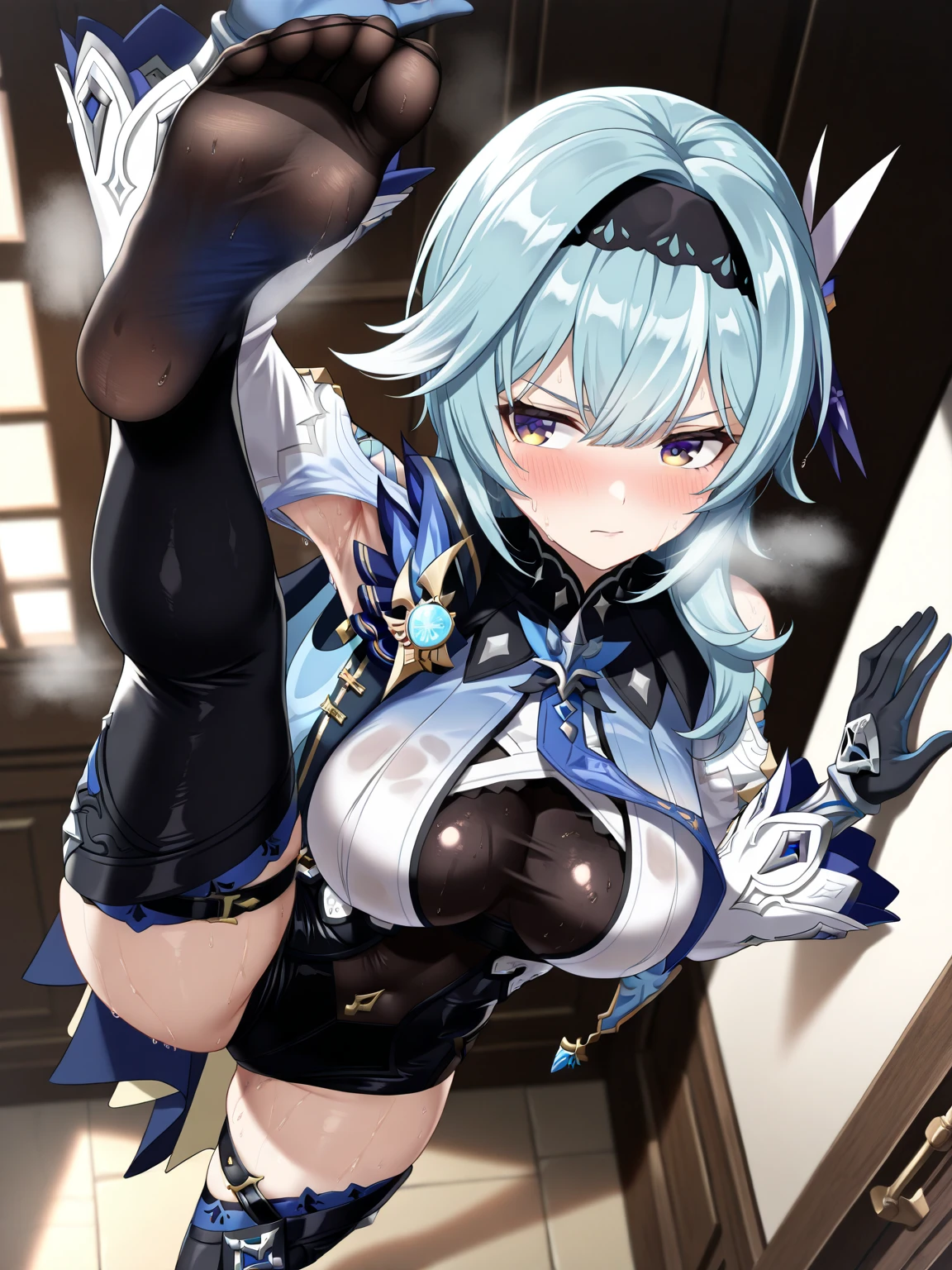 Kaguyalna, One person, Kaguya Luna, alone, Virtual YouTuber, one eye closeis, Open your mouth, Raise the hand, Knee socks, Twin tails, blue eyes, hair ornaments, sash, Cleavage, reis obi, No sleeve, Underarm, isress, smile, Clothing cutouts, reis Knee socks, Cleavage cutout, Hair Clip, View your viewers, black isress, bangs, Grey Hair, blush, ;is, heart, ribbon, No sleeve isress, , wrist ribbon, spoken heart, Black footwear, Character Name,  teeth, bare shoulisers, stanising on one leg, stanising, Gray Hair, Lift your legs, white ribbon, boots, Long Hair、(Huge breasts:1.5)、Striped panties、Panties are visible、Her pussy is visible through the glass