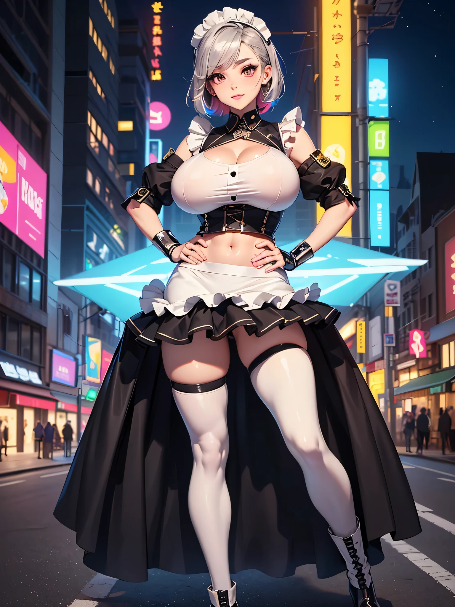 8k, ultra realistic, masterpiece, best quality, ultra detailed, beautiful face, beautiful skin, photorealistic, (professional lighting:1.2), nier_automata, 2B, light smile, pearl necklace, looking at viewer, cowboy shot, focus on face, ultra sharp, on street in business district, ultra detailed photo background, (((with the crowd)))