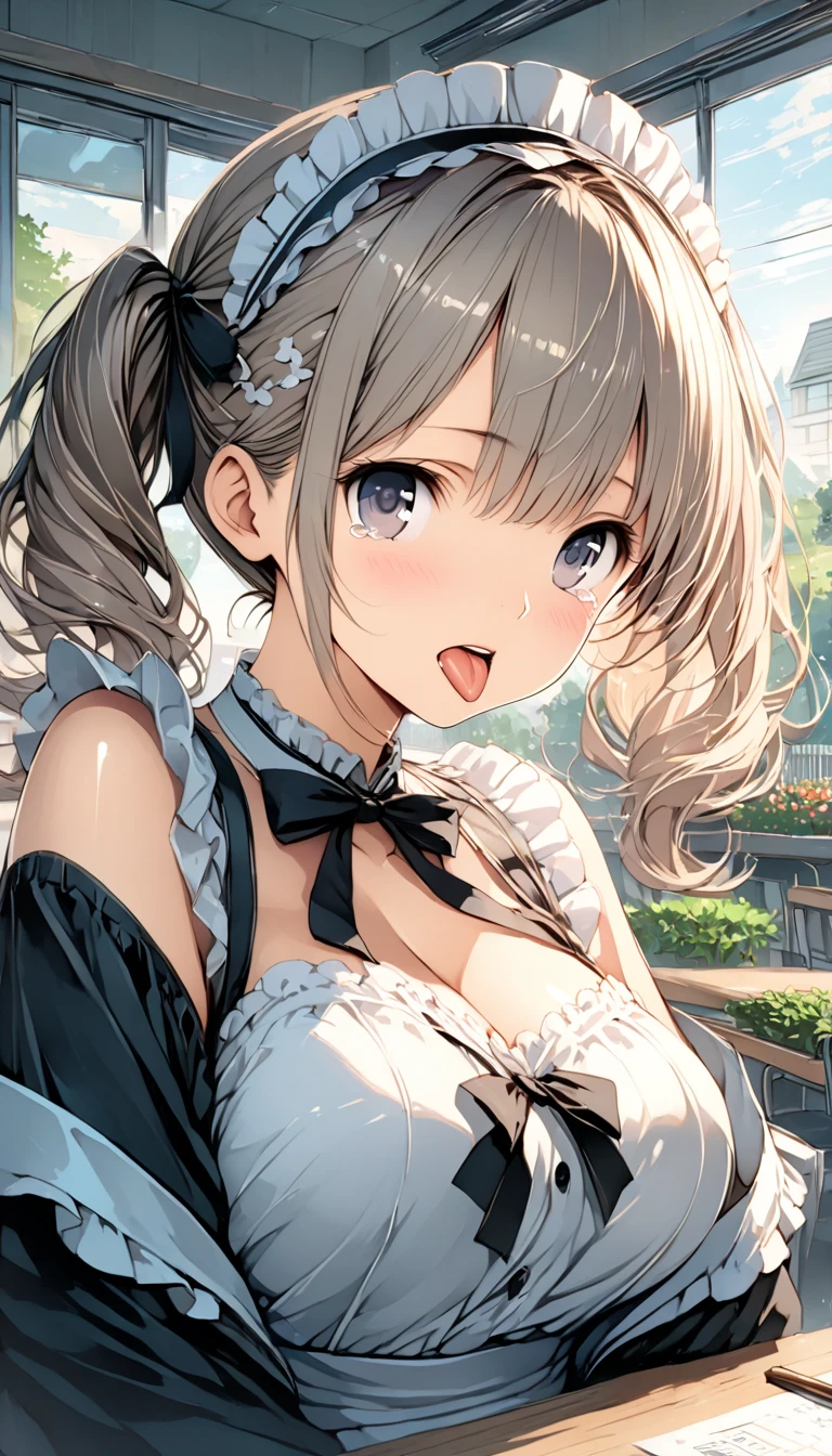 highest quality、leaning forward,place your arms behind your back、 [3D images:1.15]、garden、big breasts、全体的にlong hair、1 girl, smile, Kotori, long hair, brown hair、bright pupils、open chest、Goth  style、gothic lolita clothes、Cute skirt、skirt, white skirt、absolute reference to center、leaning forward