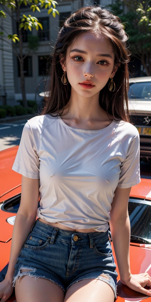 Best Quality, Masterpiece, Ultra High Resolution, (Realistic: 1.4), Original Photo, (Evening Street), 1 Girl, Black Eyes, Looking at the Viewer, Long Hair, Light Makeup, Lips, Small Ears, White T-Shirt, Denim Shorts, Earrings, Slim