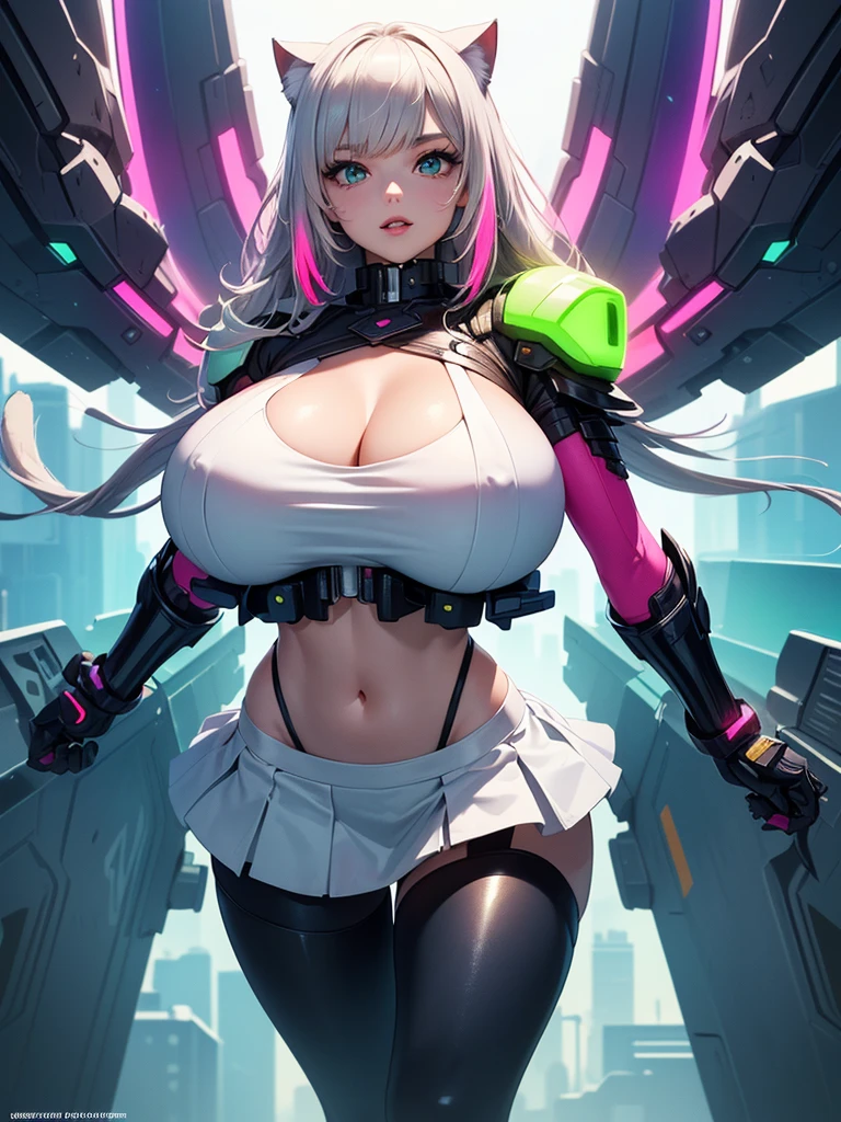 Top quality, ultra high resolution, (photorealistic: 1.4), jumpsuit, sci-fi spaceship interior background, airy sci-fi shining like fog, 8K, CGI, anime wife, Guweiz, circuit plate mail, from below, moles under the eyes, pink earphones, big breasts, back arms, realistic world, outdoors, pink leather jacket, closed mouth, uneven twin tails, gray hair, pink thighs, naughty face,