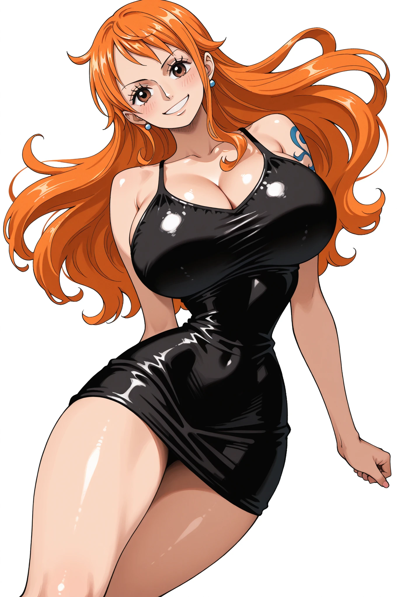 figure of a big breast redhead, sweaty cleavage, sexy dress