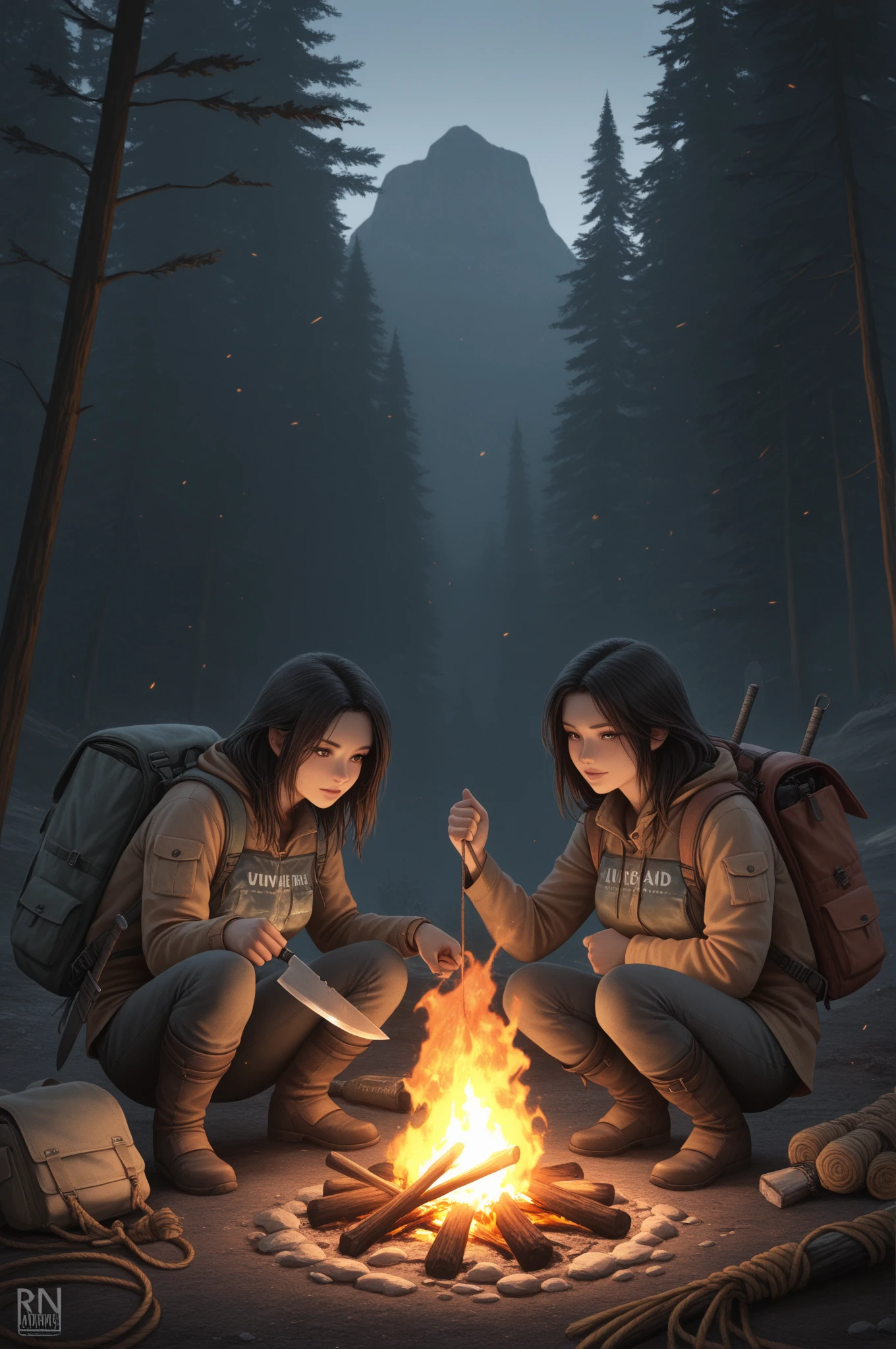 A black-haired girl ., Looking at each other, wearing hiking shorts, very short t-shirts, showing abdomen, extremely high cut t-shirts, big breasts, sitting by a campfire in the grass, outdoors at night, tent camping, mountain meadow, 8k sensual lighting, Outdoor night, under the stars, extremely photorealistic 4k, extremely photorealistic 4k, at a campfire at night, Stargazing at night, cgsociety uhd 4k very detailed, trend on cgstation, night with starry sky, attractive pose