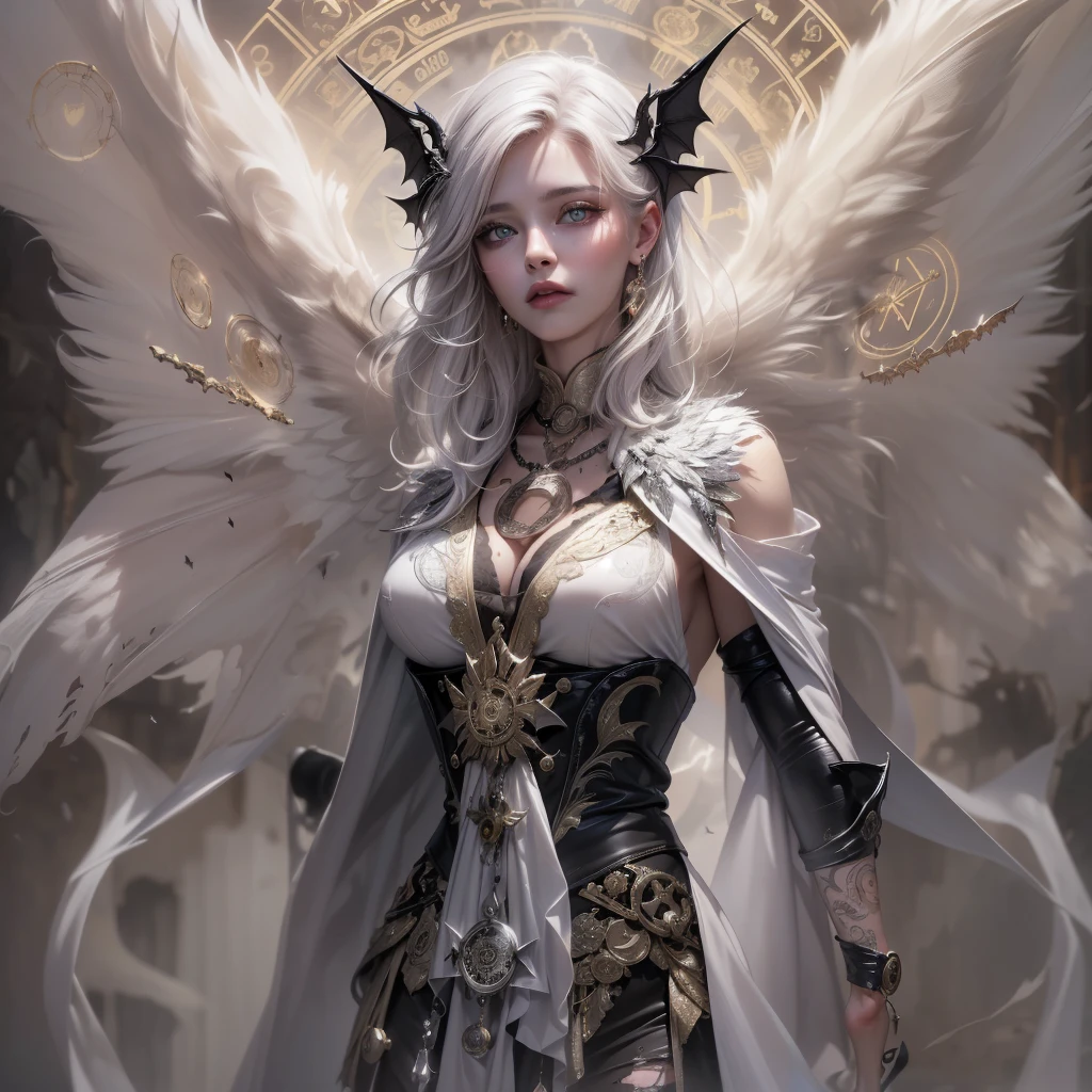 ((best quality)), ((masterpiece)), (detailed), 1girl, off-shoulder, Character design, female, dynamic poses, long white grey hair, grey white eyes, very skinny, detailed, best quality, no accesoires around the neck, no shoes, prominent collarbones, skinny arms, flat stomach, visible hip bones, full body, blank white background, plain background, white background, red and white clothing, Bloodborne inspired, occult aesthetic, occult, detailed and intricate steampunk and detailed gothic, NSFW, Very dramatic and cinematic lighting, cosmic horror, grim-dark, side-lighting, perfect face, NSFW, Fluttering lace flared long knee length dress with frilly petticoats, knee length dress, pleated petticoats, petticoats gothic, complex lace boots, side-lighting, gothic lolita aesthetic, wielding a mighty sword with mechanical components, mandalas, small breasts, a fairy, various different types of insect wings, NSFW, full body, whole body, body, plain background, white background, blank background, no background, white background NSFW, chains, full body, whole body, head-to-toe NSFW