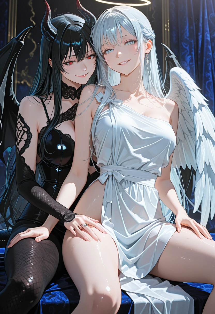 Highest quality,Highest Resolution,(((A beautiful girl with blue eyes, black hair and white angel wings on her back in a maid leotard)))and(((A beautiful girl with red eyes, purple hair, and black angel wings on her back in a gothic lolita leotard)))are sitting face to face,kiss,saliva,(((Halo))),smile,Frills,Knee-high stockings,Camera angle from a distance,