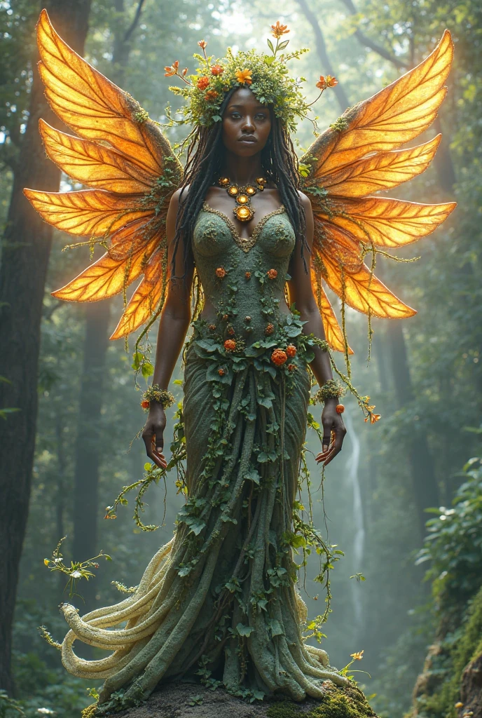 (medium full shot) of (elemental dryad) forest spirit, adorned in sunrise yellow wrapped woodland robe , feathered forest flats, nature-themed face paint, carrying a forest satchel, set in a vibrant clearing, filled with blooming flowers, dancing fireflies, the hum of life, warm sunlight, at dawn, ,Masterpiece,best quality, photo, realistic, very aesthetic
