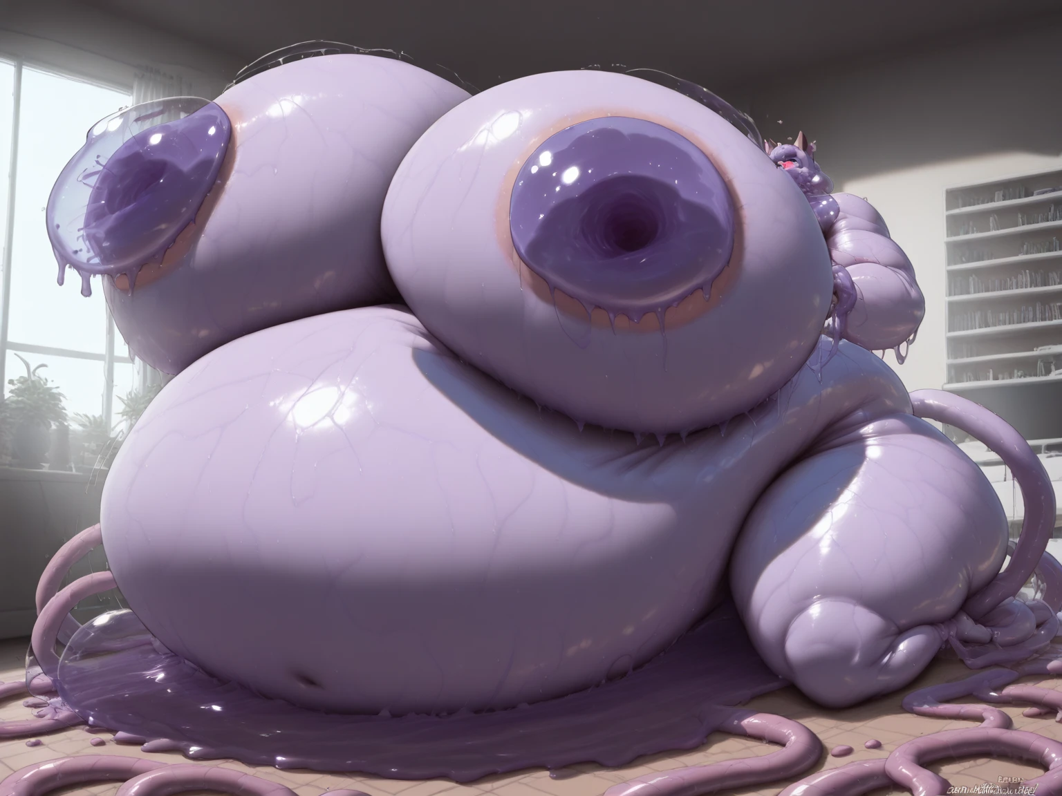 Anime Women, Adult women、Detailed face、Forehead、amount、Long Hair、Trimmed bangs、Purple Hair、Glasses、Sharp eyes、Thick lips、Purple Lipstick、Cobalt blue body、Cobalt blue skin、Cobalt blue face、Very fat、Chubby、obesity、obesity体、Double chin、Cheek、Fat neck、Big Breasts、Saggy breasts、Thick upper arms、Thick arms、thick fingers、Fat belly、Flabby belly、Saggy belly fat、Thick legs、Big Ass、Huge、nude、Very large nipples、Large areola、Purple areola、Thick pubic hair、Hairy、sweated profusely、Gloss、Run