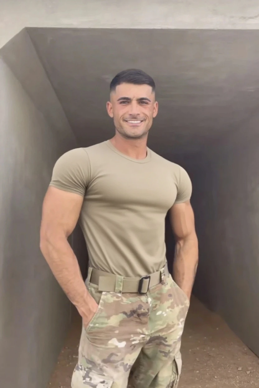 A realistic Brazilian virile normal worker man with a big large penis showing through his work pants. No shirt, Normal hairy body. Brazilian construct worker. sunny day