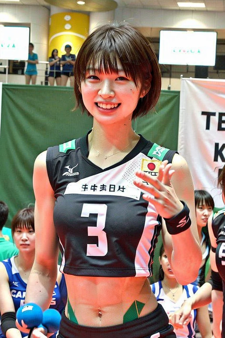 (Beautiful Japanese Woman:1.3),gym、Volleyball Player、Looking into the camera、round face、Attractive eyes、Big Breasts