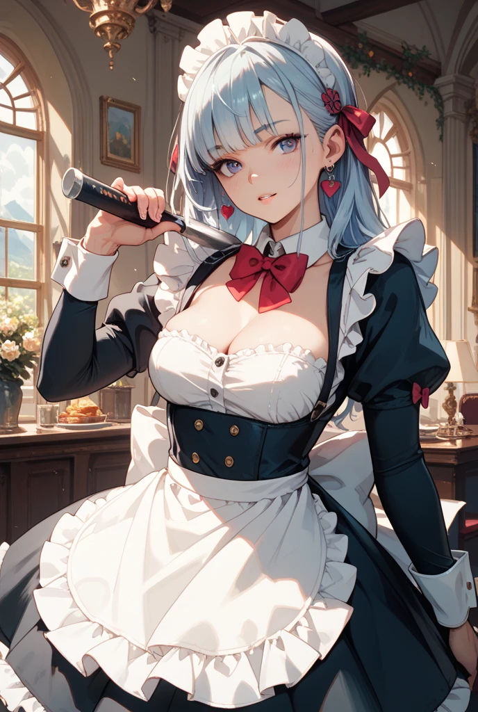 (8k, Realistic, RAW Photos, Highest quality, (from below:2), View your viewers: 1.3), (Fox Girl, Fox Ears, One Girl, Alone on the screen, dark skin, High definition, (boyish, Silver color very short hair), (Blue Eyes):1.4), とてもbeautiful, (Realistic Face), ((wet maid apron, Clothes that are mainly black with red accents), (Long skirt):1.5), (Body measurements: 88-55-77!, Height is 145 cm, Nice body, Big Breasts, (skirt hold, show off panties), slender, cleavage:1.6), Standing posture, A brilliance that captivates the viewer, beautiful expression, beautiful breasts, (Realistic Skin), beautiful...
