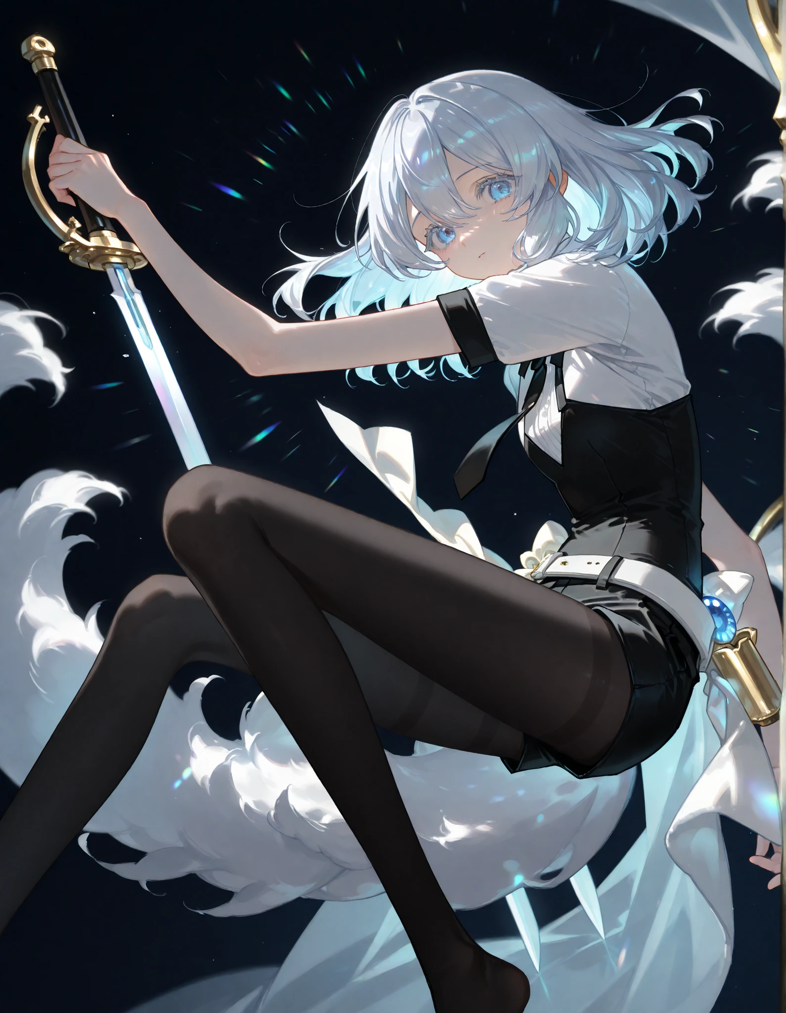 Gem Country Style Drawing、Larimer、Light Blue Loose Fluffy Medium Hair、Saggy Eyes、Downcast、has long lashes、sexy、older sister、Black Clothes、White Cutter Shirt、black tie、black shorts with a sword around the waist、black tights、long legs