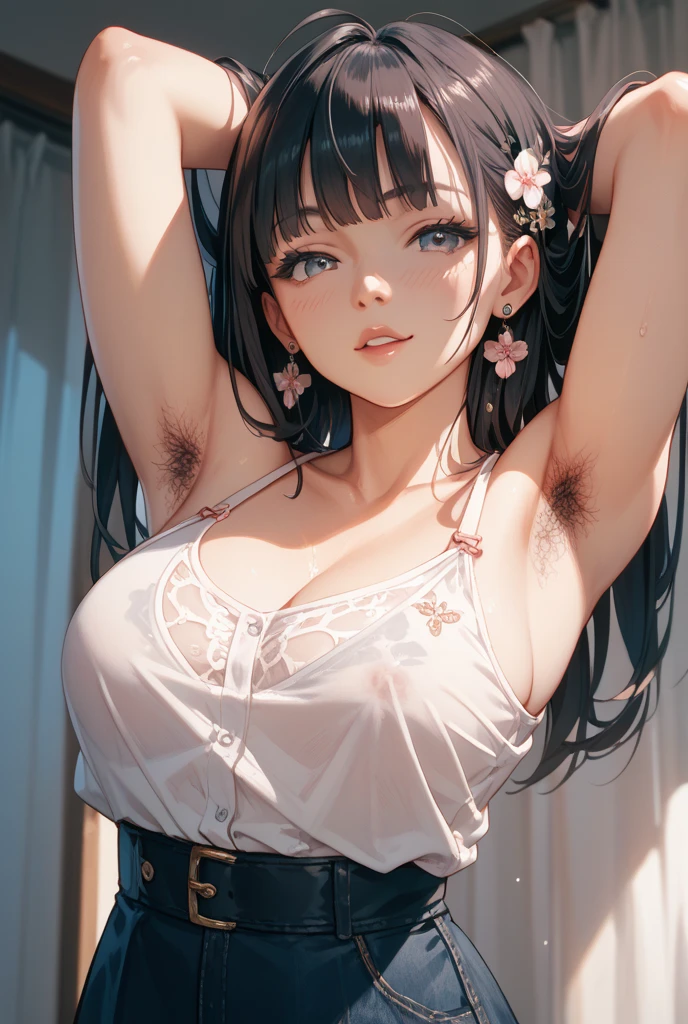 (best qualtiy,hyper HD, Super Detail),Goose egg face,largeeyes,long eyelasher,Exquisite(Live-action realistic style),Extremely beautiful face,Photorealistic light and shadow,((nsfw)),Clear facial features,milky skin,Fair skin,Realistic skin details,Visible Pore,(Vulgar), sex addiction, sweaty skin, orgasm juices, vaginal discharge, one girl, (blush),(completely nude),(medium breasts),(spread legs:1.3),(beautifull legs),Slender body,Arms up,(((wet body))),(luxury bedroom),(((armpit hair))),((armpit hair color black)),(smile),(awaiting tongue:1.4),((((Armpits are sweaty and steam is coming out)))),satomi