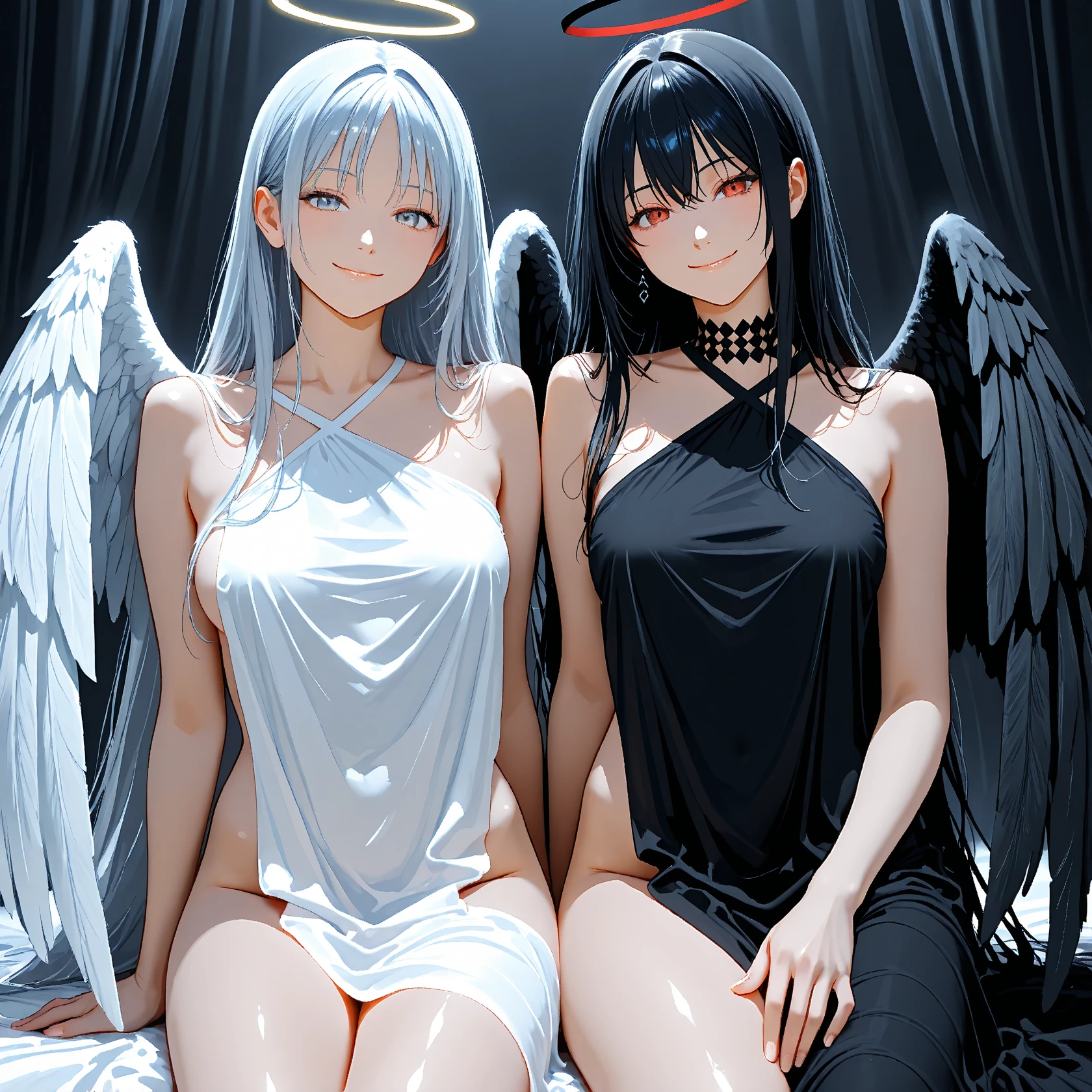 1 girl,long black hair,big breasts,angel,angel wings,halo,white tunic,languid,air is heavy,sitting,Right knee up,Right elbow on right knee,holds a cigarette in his right hand,exhaling cigarette smoke from his mouth,heaven,floor is made of fluffy clouds