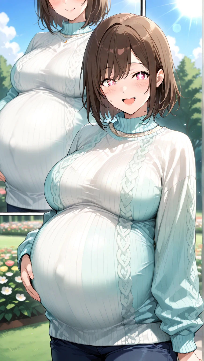 highest quality, (masterpiece:1.2),
alone,open your mouth、 smile,A 40-year-old Japanese woman with black hair、very short hair、Mother、part your bangs in the middle、I can see the forehead, (huge breasts)、bobbed hair
(white tight knit、Vertical sweater、gray long skirt)
Are standing, looking at the viewer,I can see the whole body、from the front、pregnant woman、troubled face、blush、(Sweat:1.5)