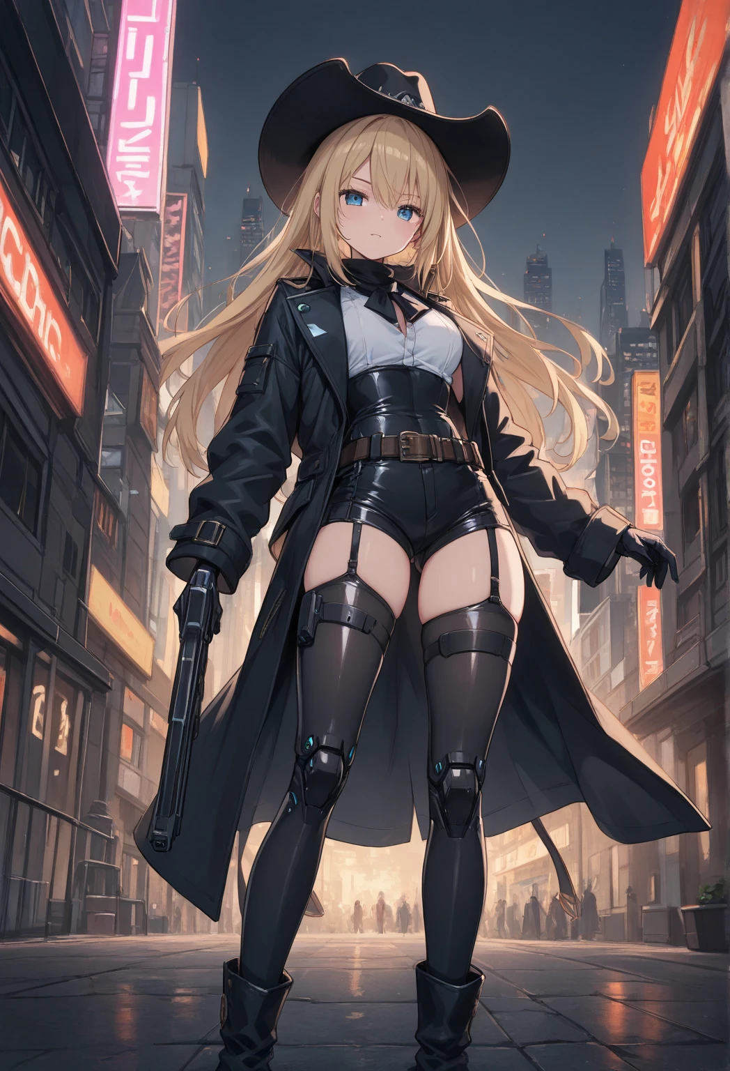 a cyborg girl, milf, robotic legs and arm, cowboy hat, long braided brown hair, torn clothes, exposed panties and bra, military boot, rifle under arm, legs apart, background moon