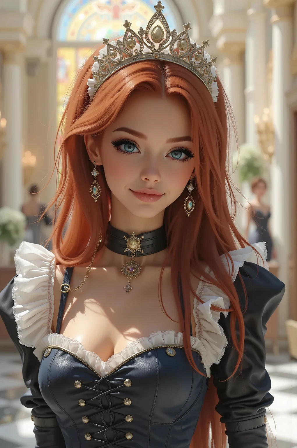 Create an image of a red-haired girl with brown eyes, large bust and youthful appearance, she wears medieval clothes of an imperial palace maid, semi realistic style