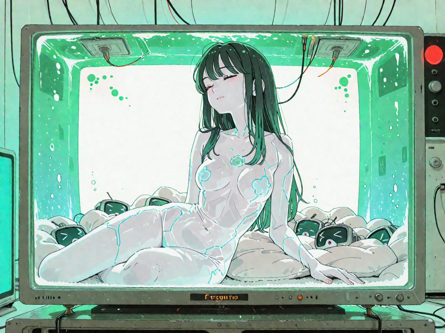 masterpiece, best quality, illustration, colorful, cyberpunk, water ice cube in bathtub, monitor, 1girl, bathing in bathtub, partially submerged, detailed long hair, half-closed blue eyes, nude, headphones, wire, cable