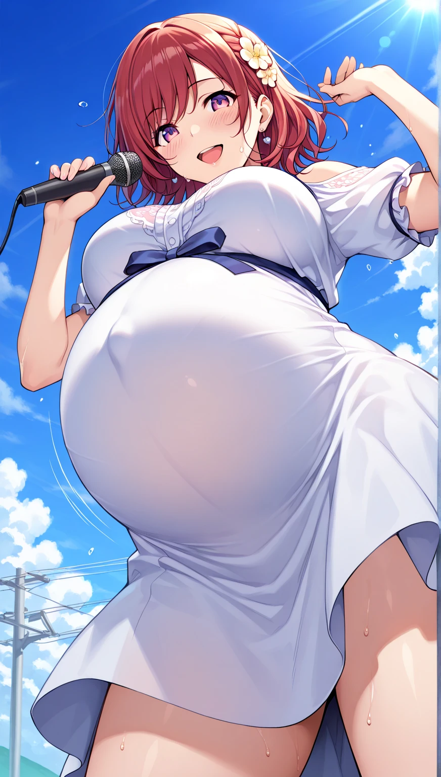 Twilight,Orange sun,Rena Ryuuguu, Orange Hair, short hair, blue eyes,Mountain of bulky trash,
(White Beret), bow, bowtie,(White Dress:1.2),White Skirt,Have, puffy Short sleeve, Puffy sleeves, purple bow, purple bowtie, Short sleeve, Black knee socks, zettai ryouiki,(Bottomless:1.3),Pussy,blush,(From below:1.3),(Skirt up to the belly:1.5), ((Grab the skirt:1.3)), (Skirt tHave rolls up:1.3),stand,(Leg spread:1.3),No underwear,masterpiece,Noise Reduction,Perfect Anatomy,High resolution, Super detailed,Game CG,Dutch Angle ,Beautiful attention to detail,Visual Arts,Five Fingers, Perfect hands, Perfect lighting,