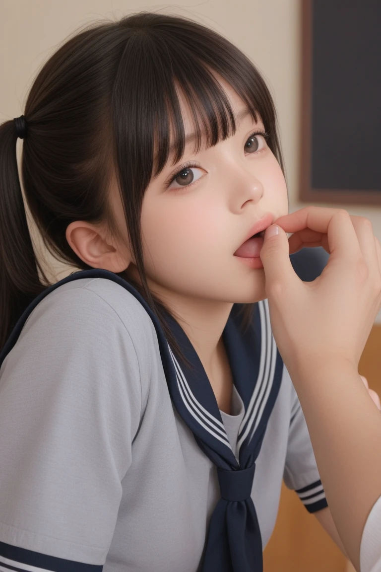 ,collared shirt,Short sleeve,pleated skirt,tie,Navy blue socks,(open mouth:1.5),(tongue out:2),Kneeling,Hands between legs,front view,face focus,from above(1girl,Beautiful 14 year old girl,teenager),((Slender,Small breasts,Small face,)),(looking at viewer),Black Hair,bangs,one side up,Beautiful and detailed,White bed,Dimly lit room,Pink lighting