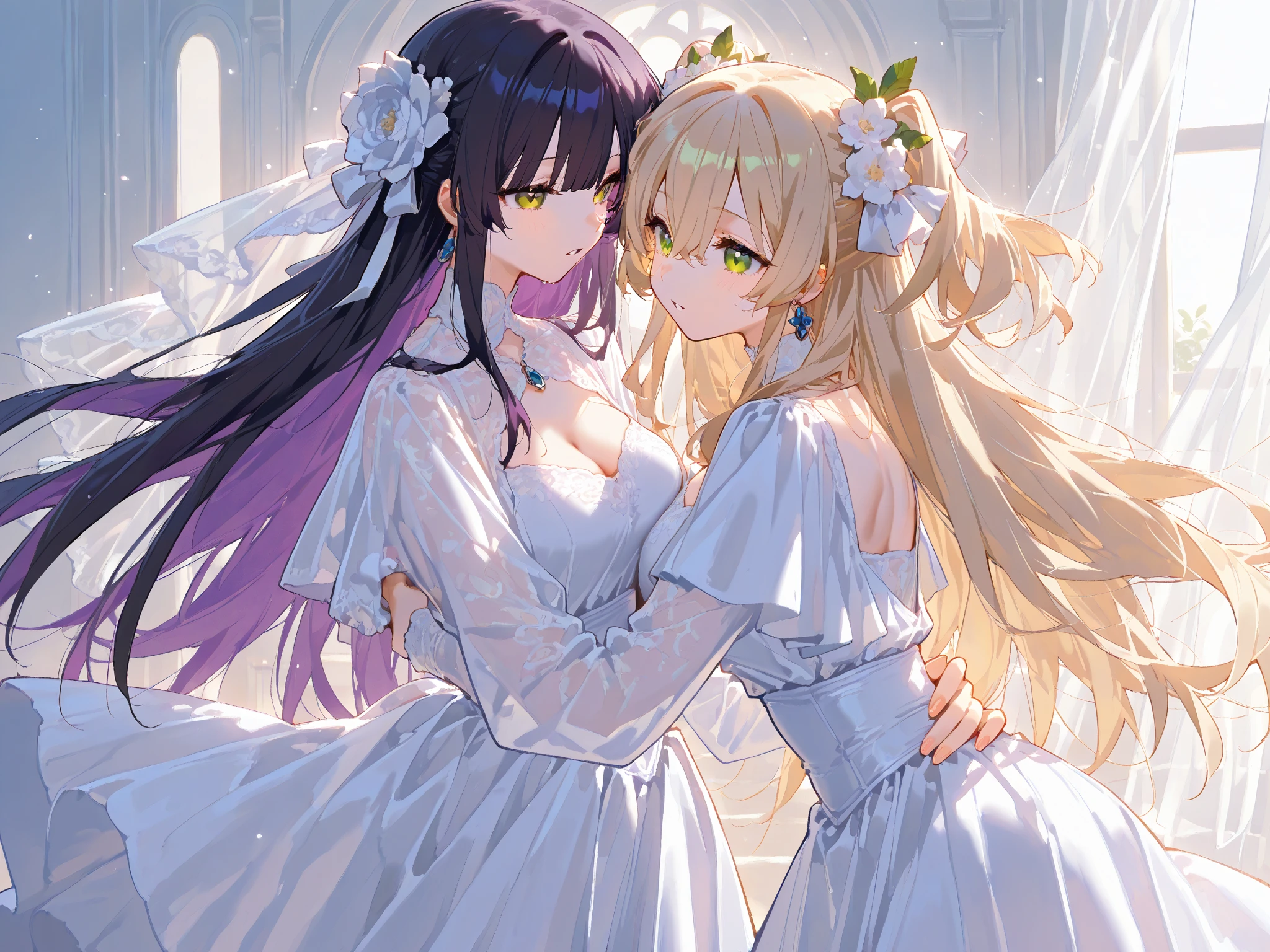 a beautiful detailed yuri scene of 2girls, Kiana Kaslana \(Herrscher of Finality)\ and Raiden Mei \(APHO)\, (Honkai Impact 3rd), very long hair, ponytail, in a scenic cathedral on their wedding day, both of them wearing a wedding dress, romantic atmosphere, happy, kiss, (best quality,4k,8k,highres,masterpiece:1.2),ultra-detailed, studio lighting, extremely detailed environment, vibrant colors, cinematic lighting