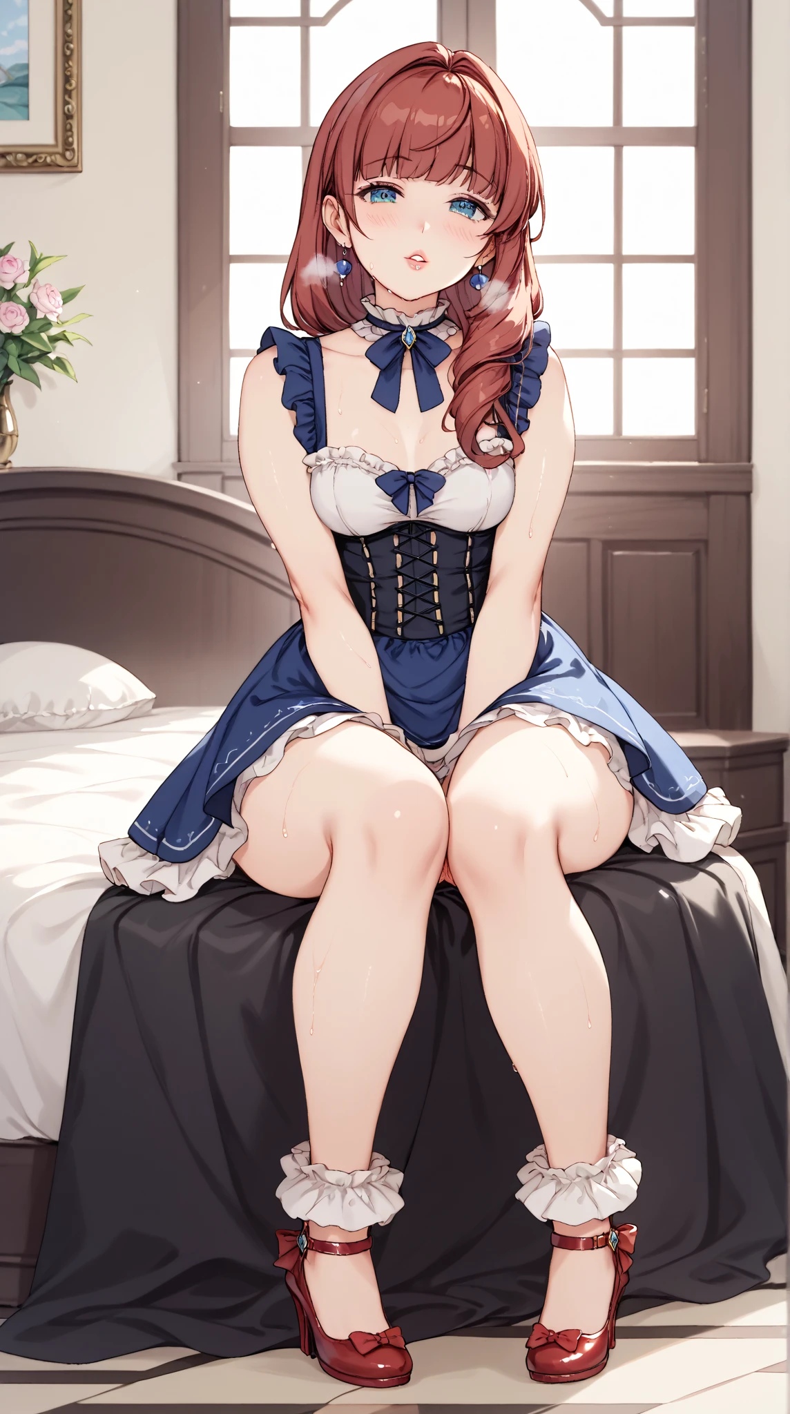 masterpiece, ultra high quality CG, best quality, perfect picture, solo, Eleanor Hume (short twintails hair, BLUE eyes), sexy lingerie in bed, blushing