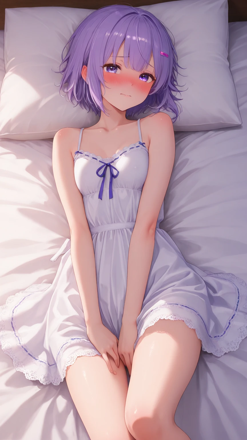 (highest quality:1.2, Very detailed, up to date, Vibrant, Ultra-high resolution, High Contrast, masterpiece:1.2, highest quality, Best aesthetics), Portraiture、girl、solo, (25-years-old:1), slim, , heterrochromia, green eye, red eye, (Frilly babydoll:1.3), (see-through,lace:1.2), bed room, (lying on one’s back, one’s knees bent), Bright colors、Beautiful fine details、Beautiful lip detail、extra short hair, ((bob cut:1.5))、pink and purple, ((streaked hair:1.9)), (highlights hair: 1.6), (small breast:1.3), (tan skin:0.7), cowboy shot:1,