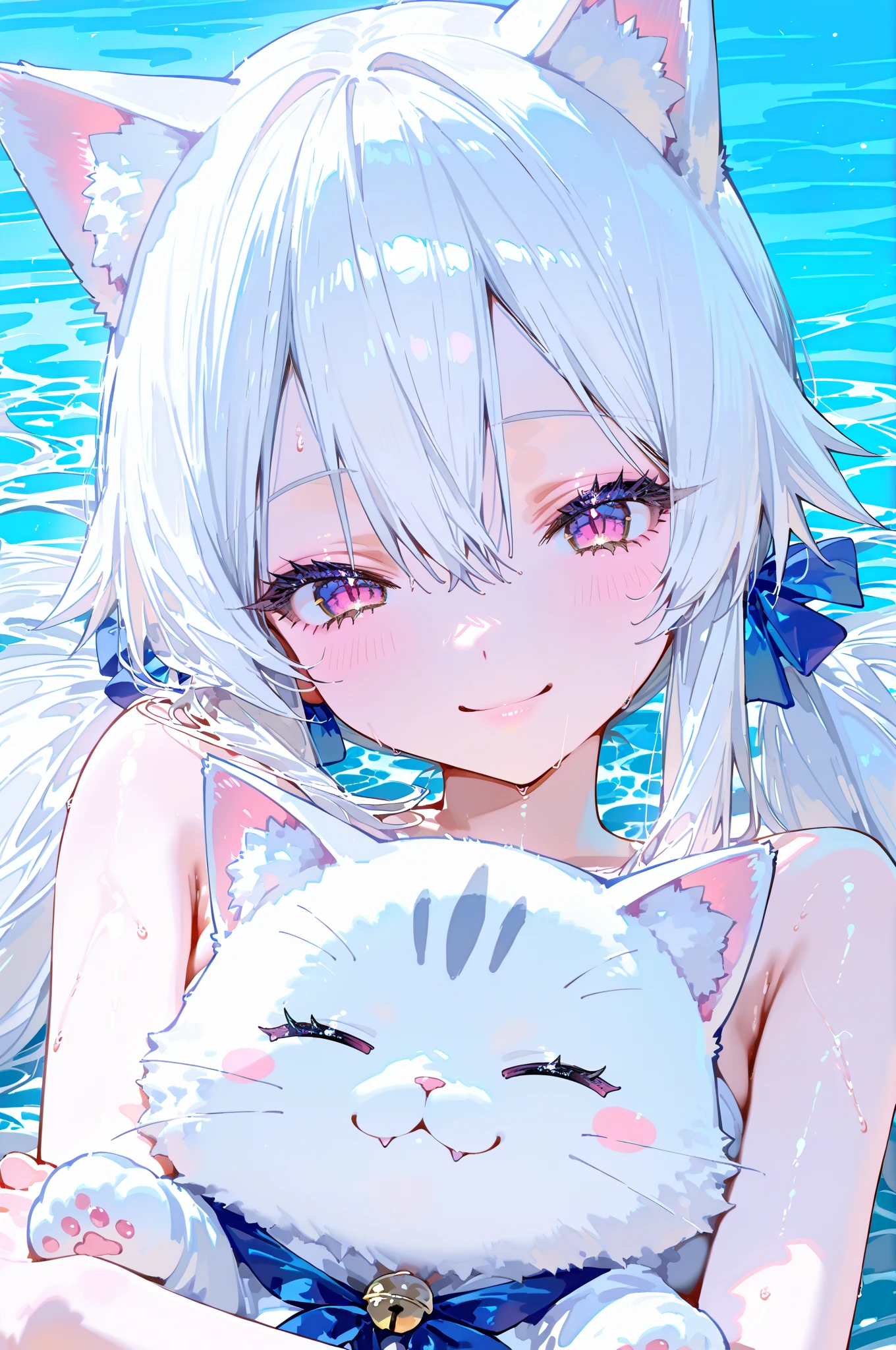 frill bikini, swim suits, sunglasses, heart sign, ((masterpiece, best quality:1.5)), ((Beautiful detailed cat aqua eyes:1.2)), cat ears, pale skin, medium breasts, beautiful hands, beautiful fingers, EasyNegative