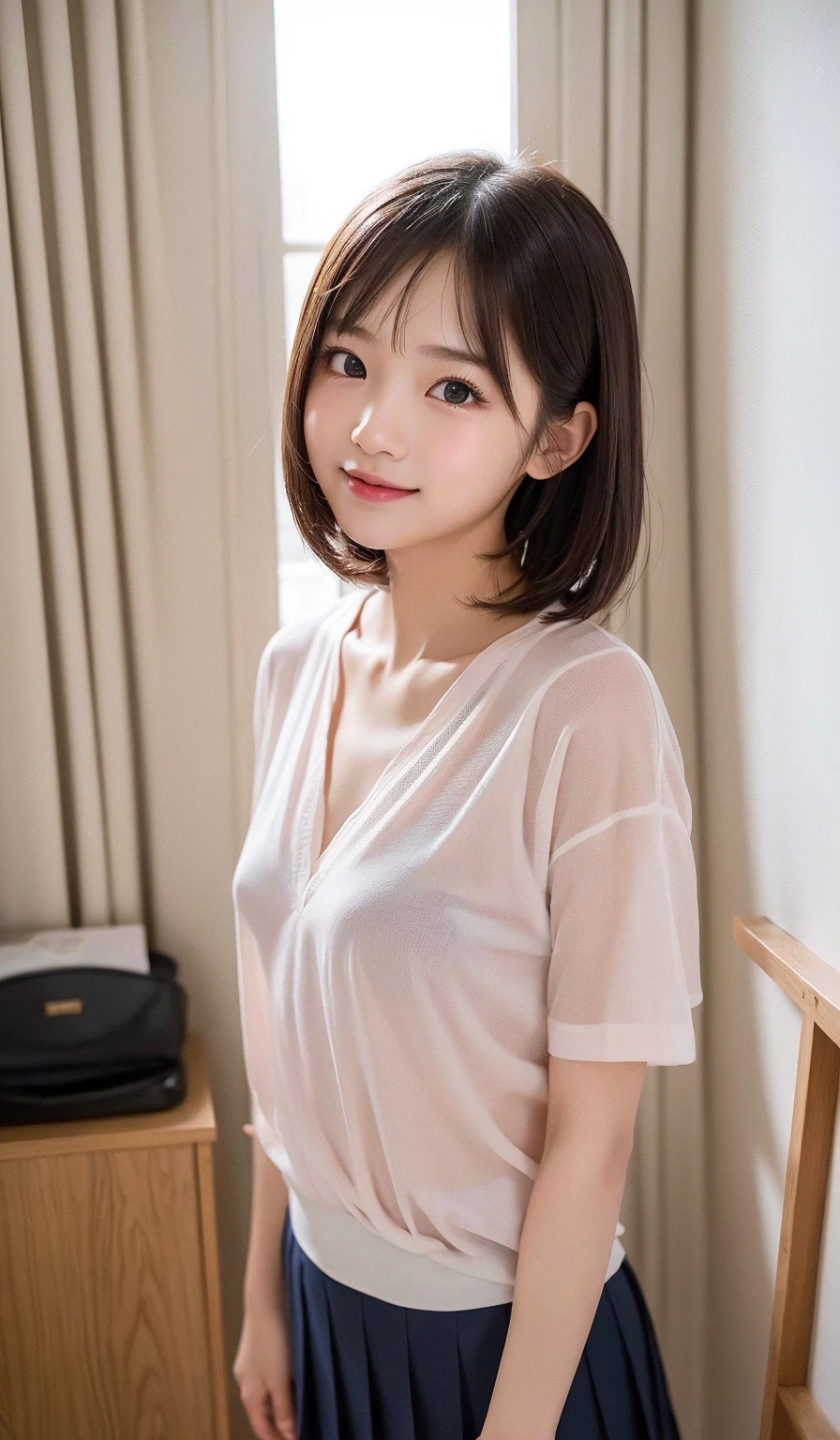 ((masterpiece))、((highest quality))、photograph、reality、High level image quality、Super detailed、married woman、35 years old、delicate features、short hair、Realistic background and accessories、大きくてsoft胸、Bedroom、enchanting smile、See-through、beige mesh shirt、soft、thighs、Close-up、stand in the corner of the room、darkness、Tight knit skirt、profile、